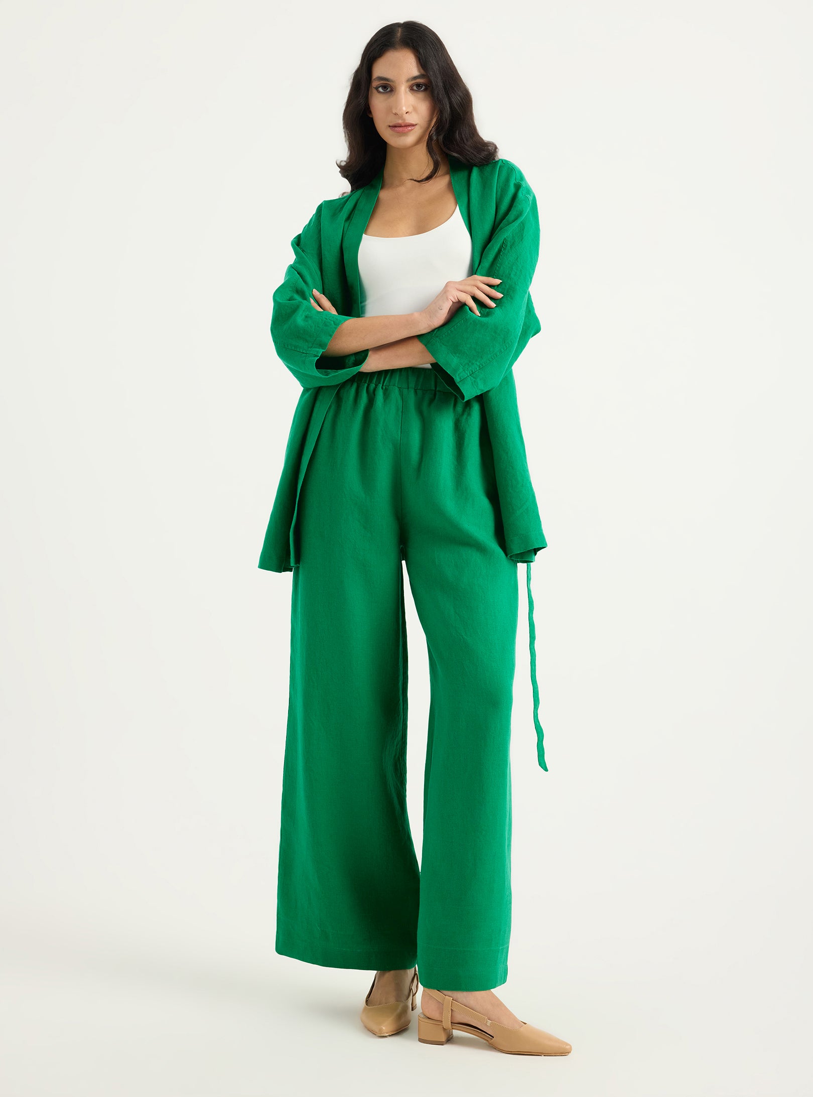 100% Washed Linen Kimono & Trouser Set Green - Store WF