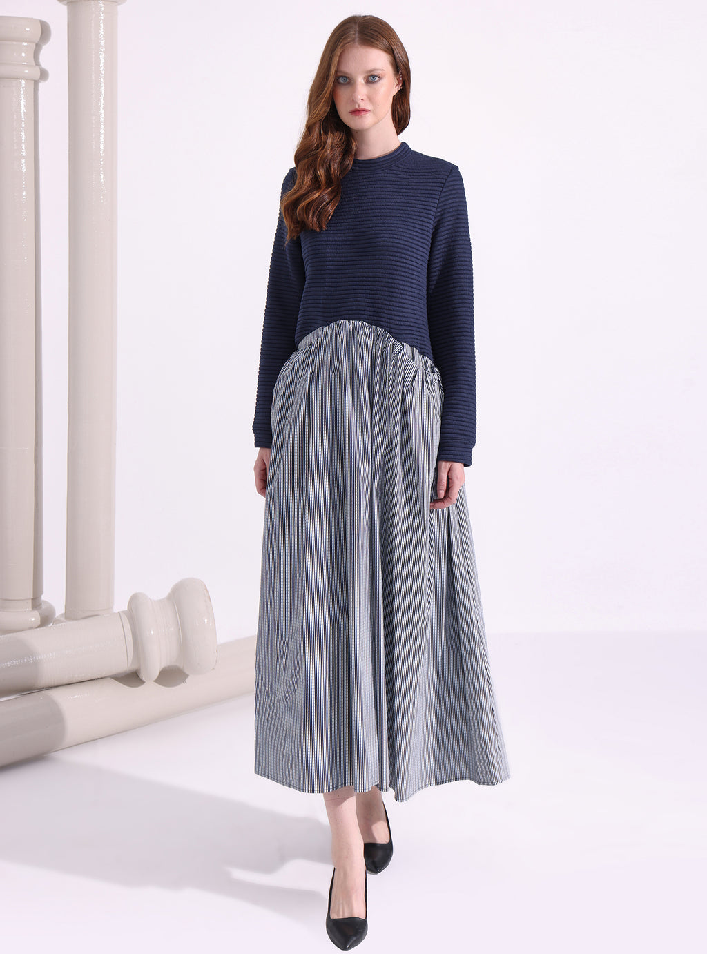 Navy-Stripe Maxi Dress with Knit Top - Store WF