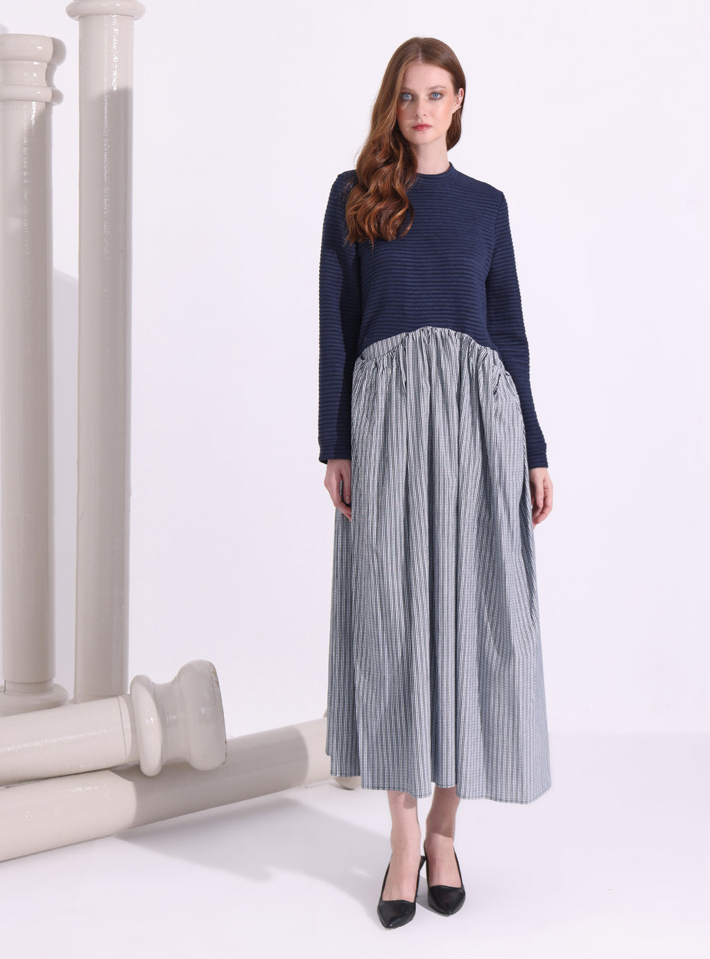 Navy-Stripe Maxi Dress with Knit Top - Store WF