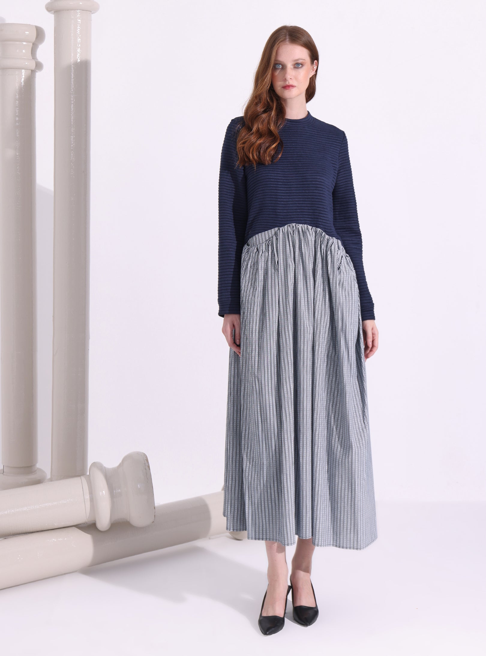 Navy-Stripe Maxi Dress with Knit Top - Store WF