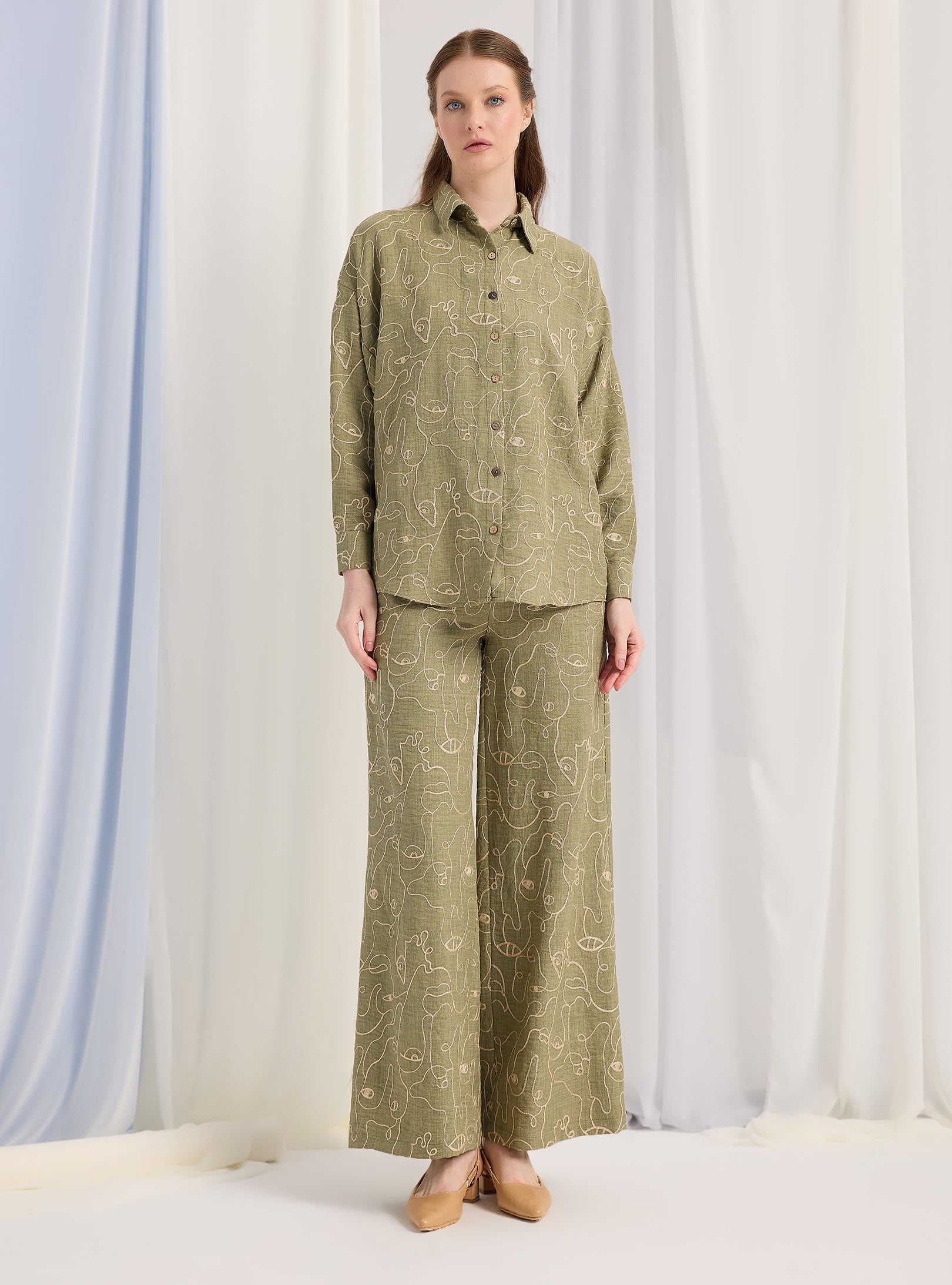 Khaki Embroidery Detailed Shirt & Trouser Set - Store WF