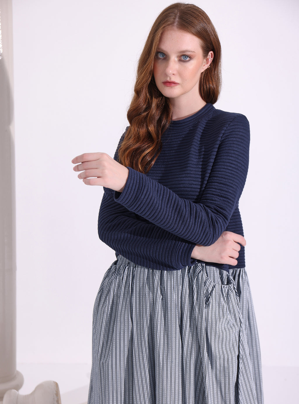 Navy-Stripe Maxi Dress with Knit Top - Store WF