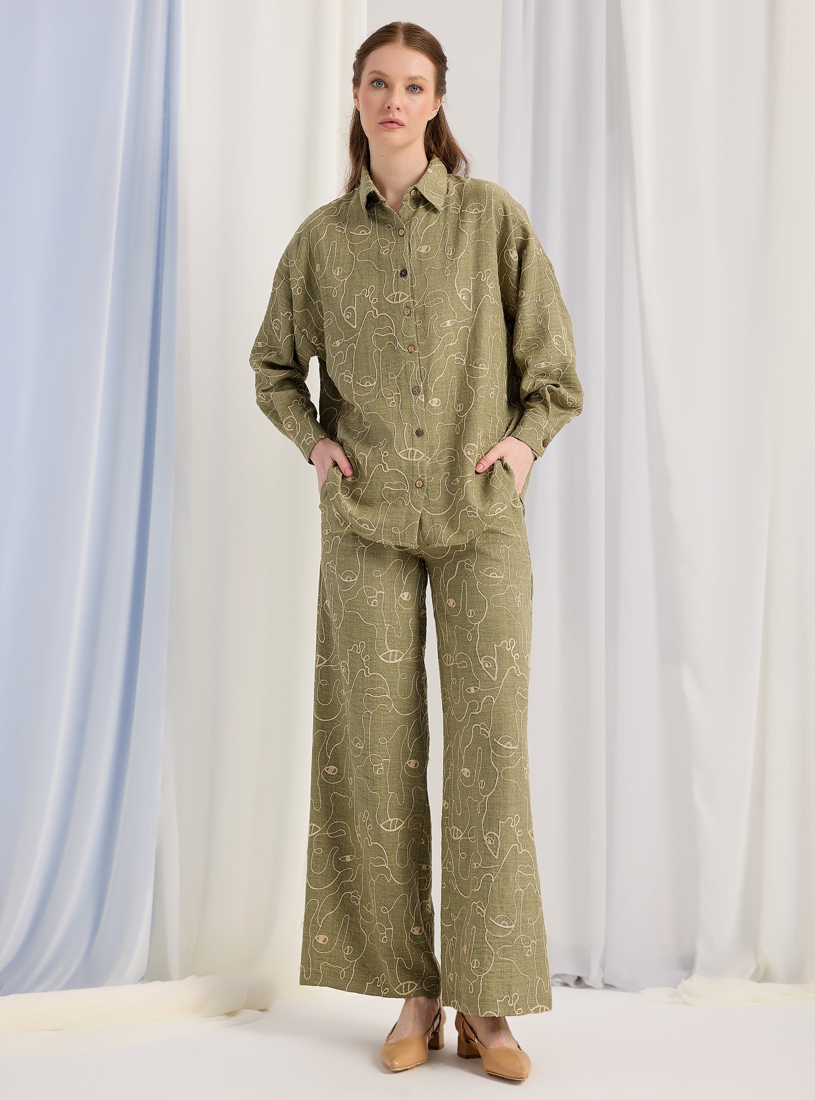 Khaki Embroidery Detailed Shirt & Trouser Set - Store WF
