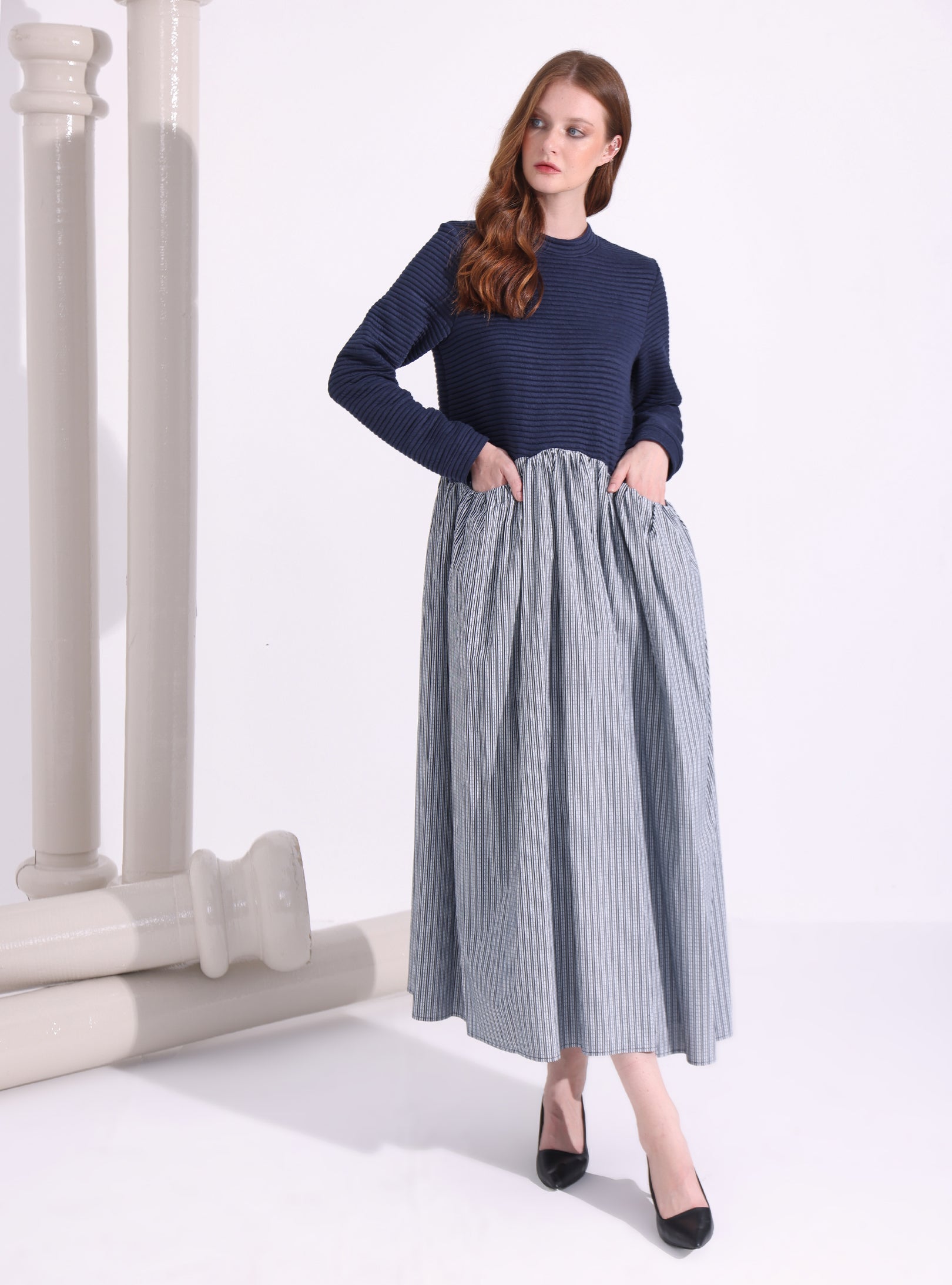 Navy-Stripe Maxi Dress with Knit Top - Store WF