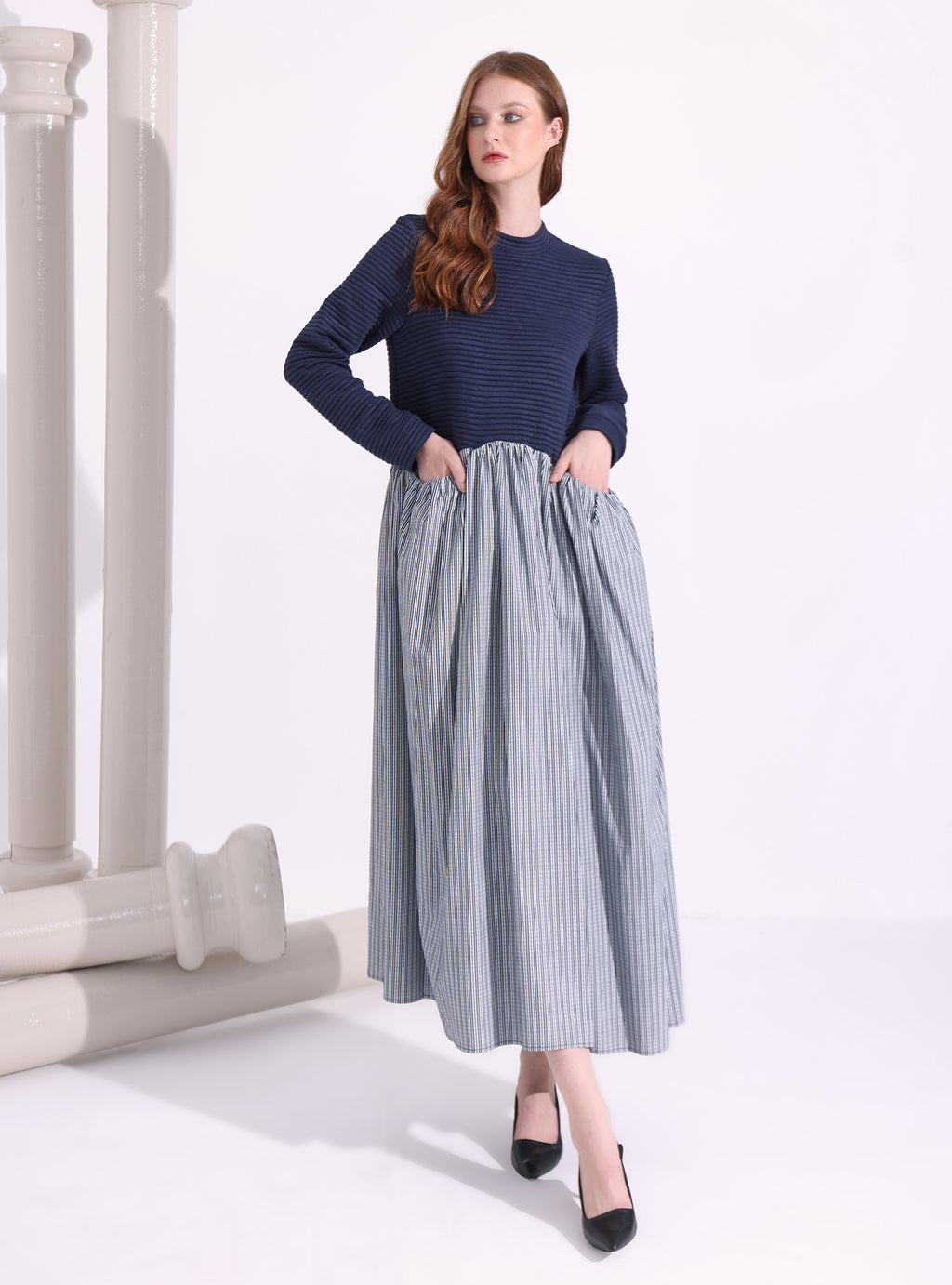 Navy-Stripe Maxi Dress with Knit Top - Store WF