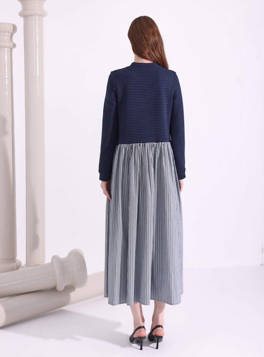 Navy-Stripe Maxi Dress with Knit Top - Store WF