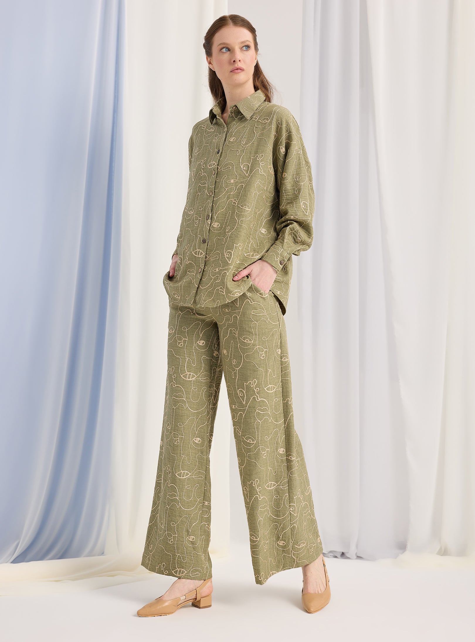 Khaki Embroidery Detailed Shirt & Trouser Set - Store WF