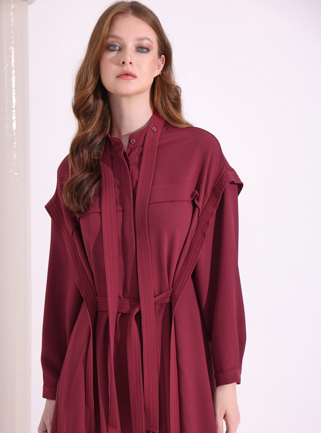 Contrast Top Stitch Burgundy Maxi Dress - Store WF