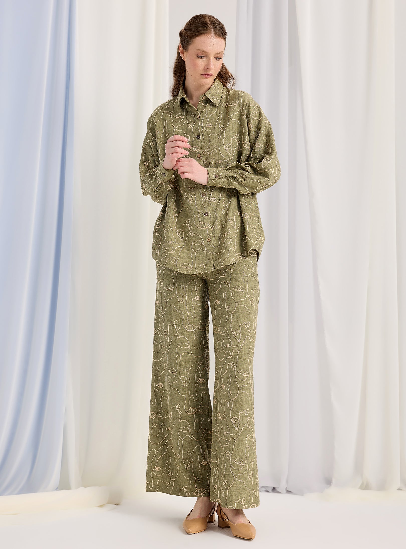 Khaki Embroidery Detailed Shirt & Trouser Set - Store WF