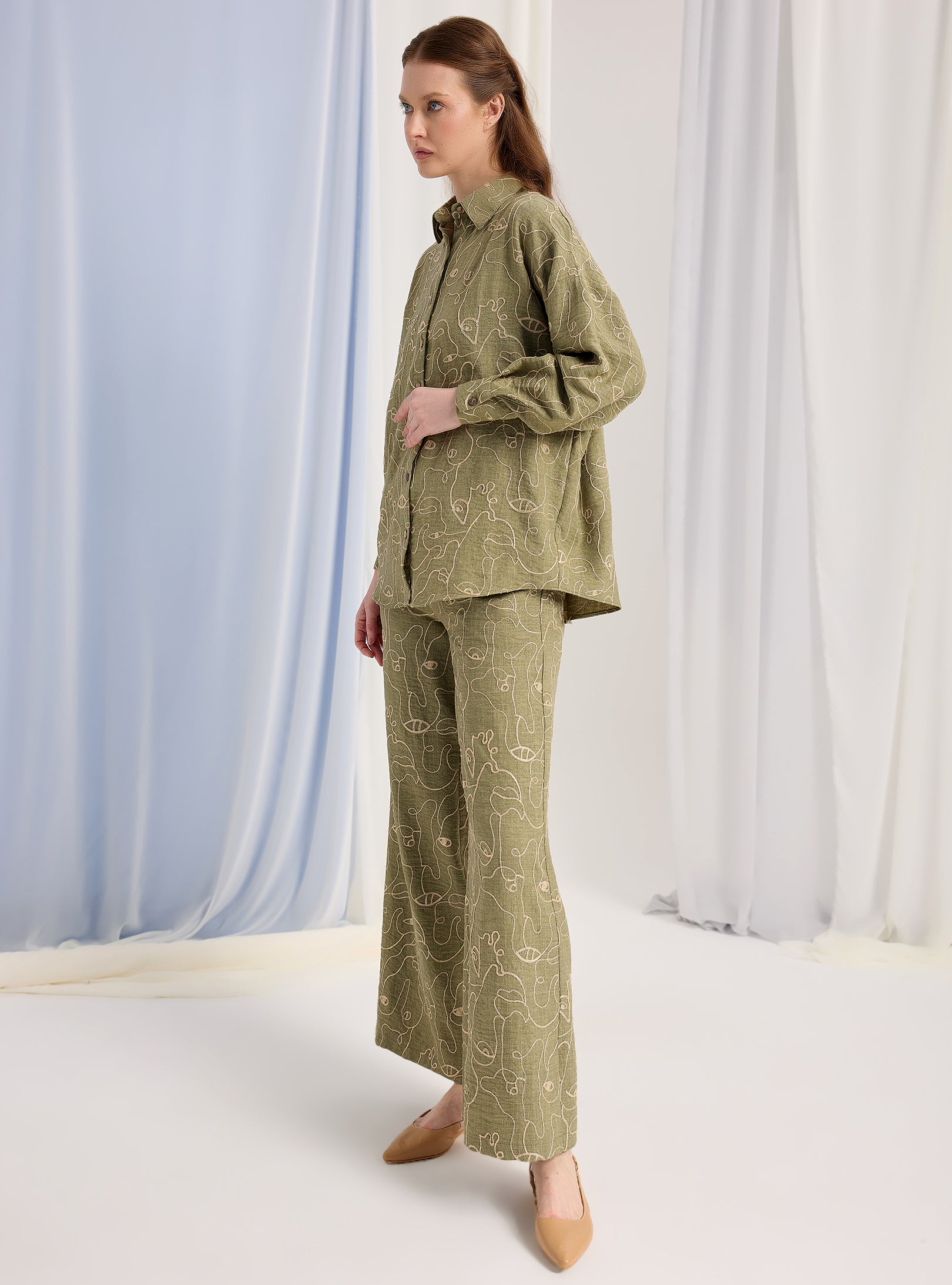 Khaki Embroidery Detailed Shirt & Trouser Set - Store WF