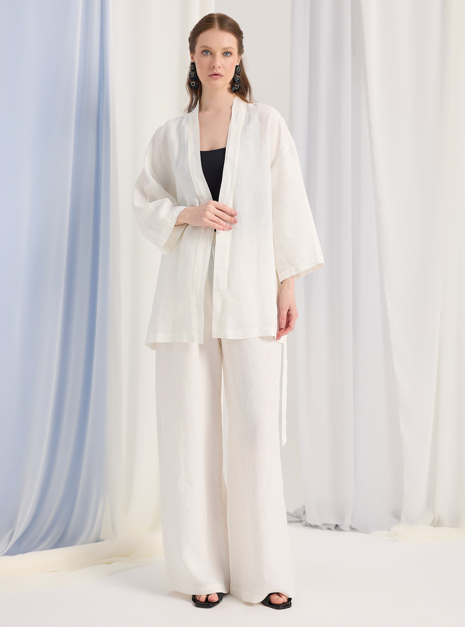 100% Washed Linen White Kimono & Trouser Set - Store WF