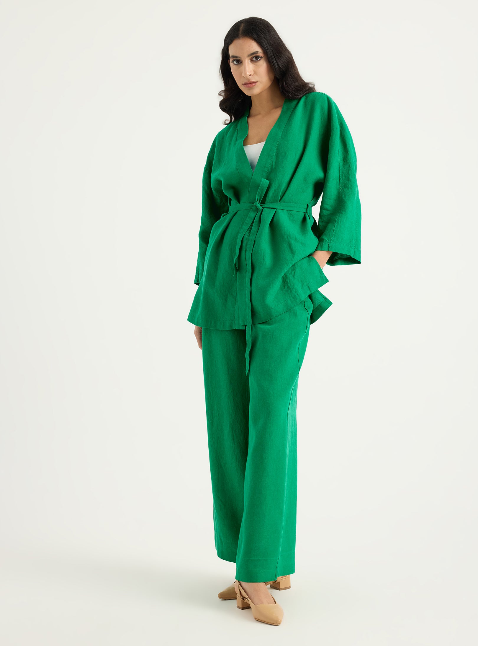 100% Washed Linen Kimono & Trouser Set Green - Store WF