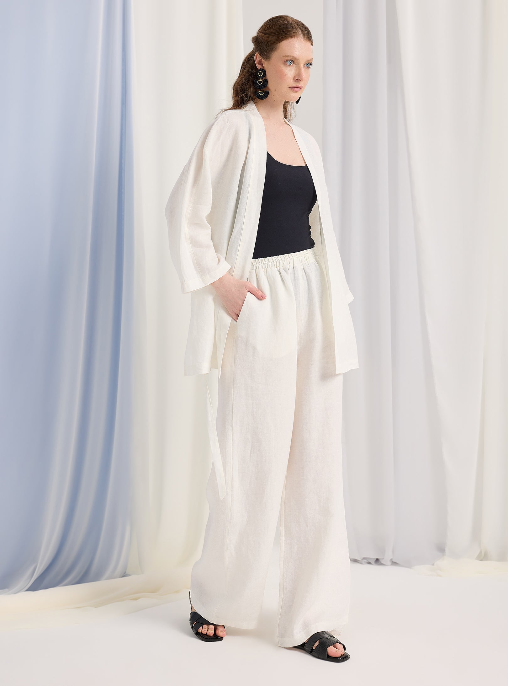 100% Washed Linen White Kimono & Trouser Set - Store WF