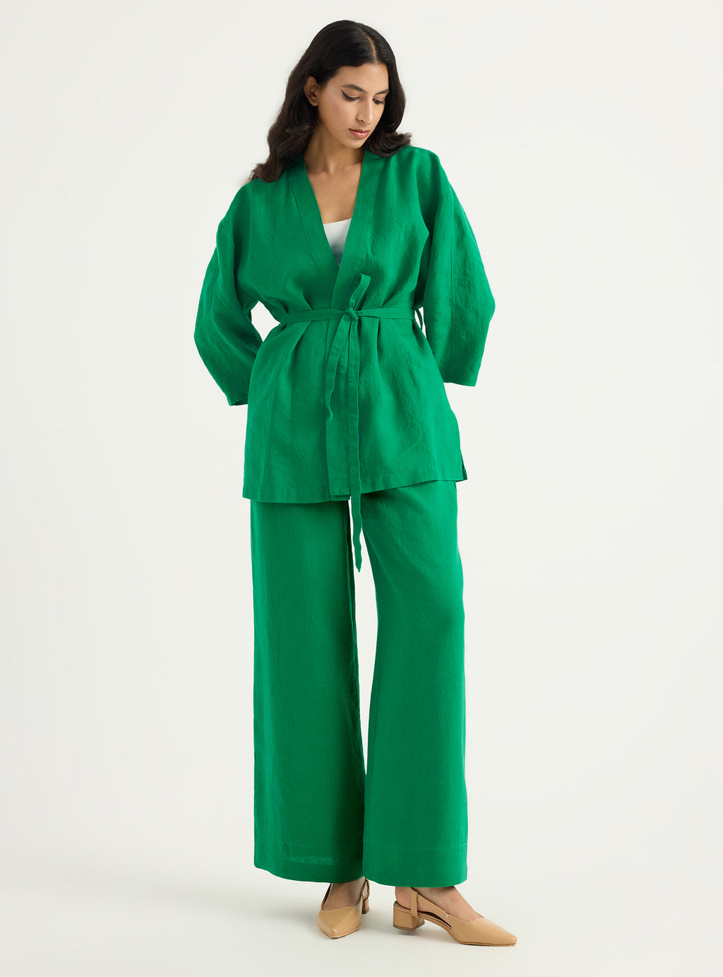 100% Washed Linen Kimono & Trouser Set Green - Store WF