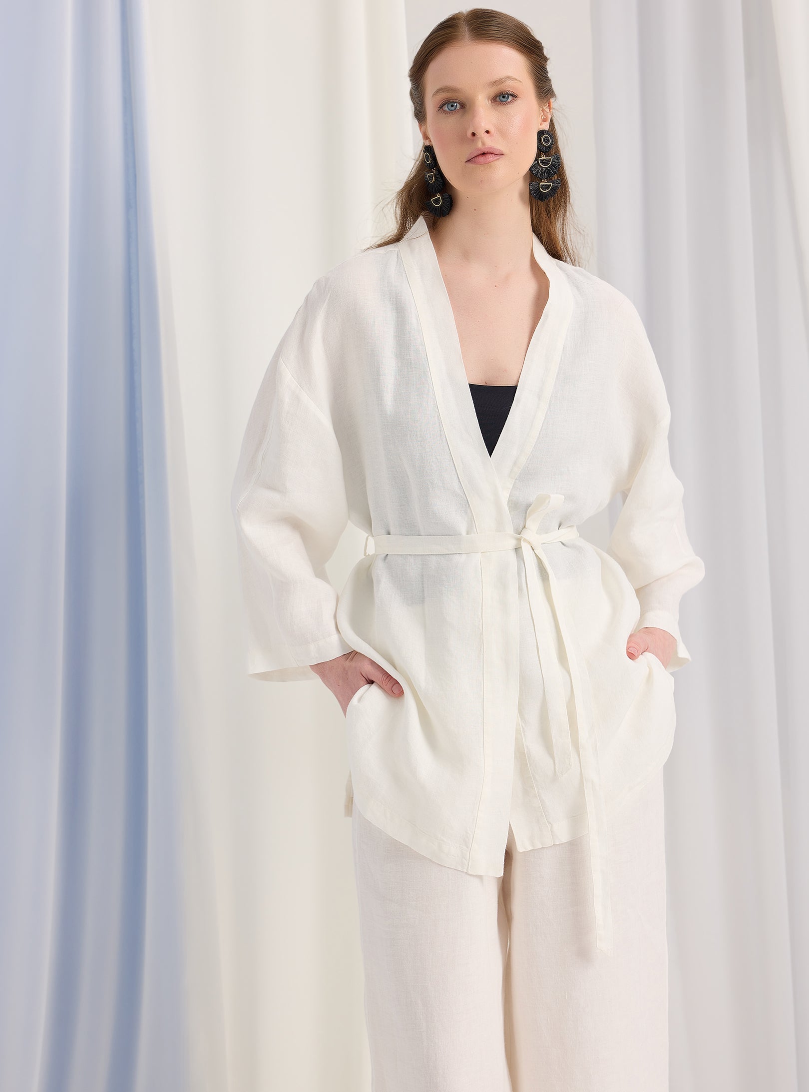 100% Washed Linen White Kimono & Trouser Set - Store WF