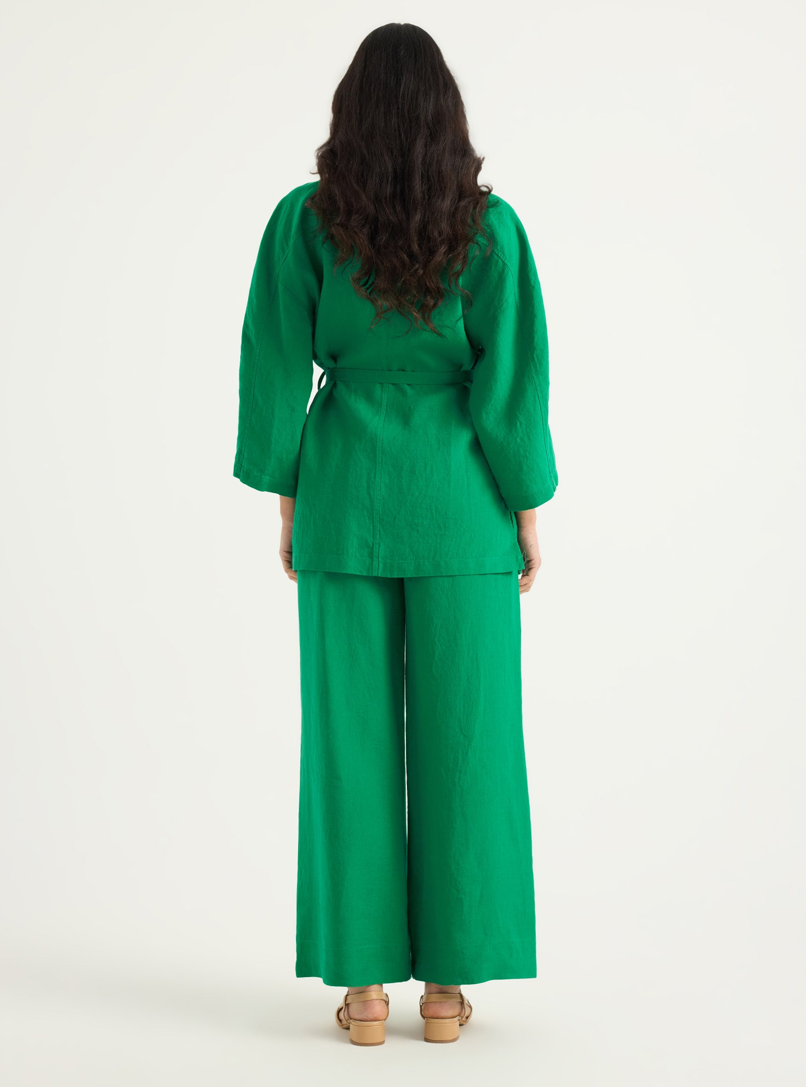 100% Washed Linen Kimono & Trouser Set Green - Store WF