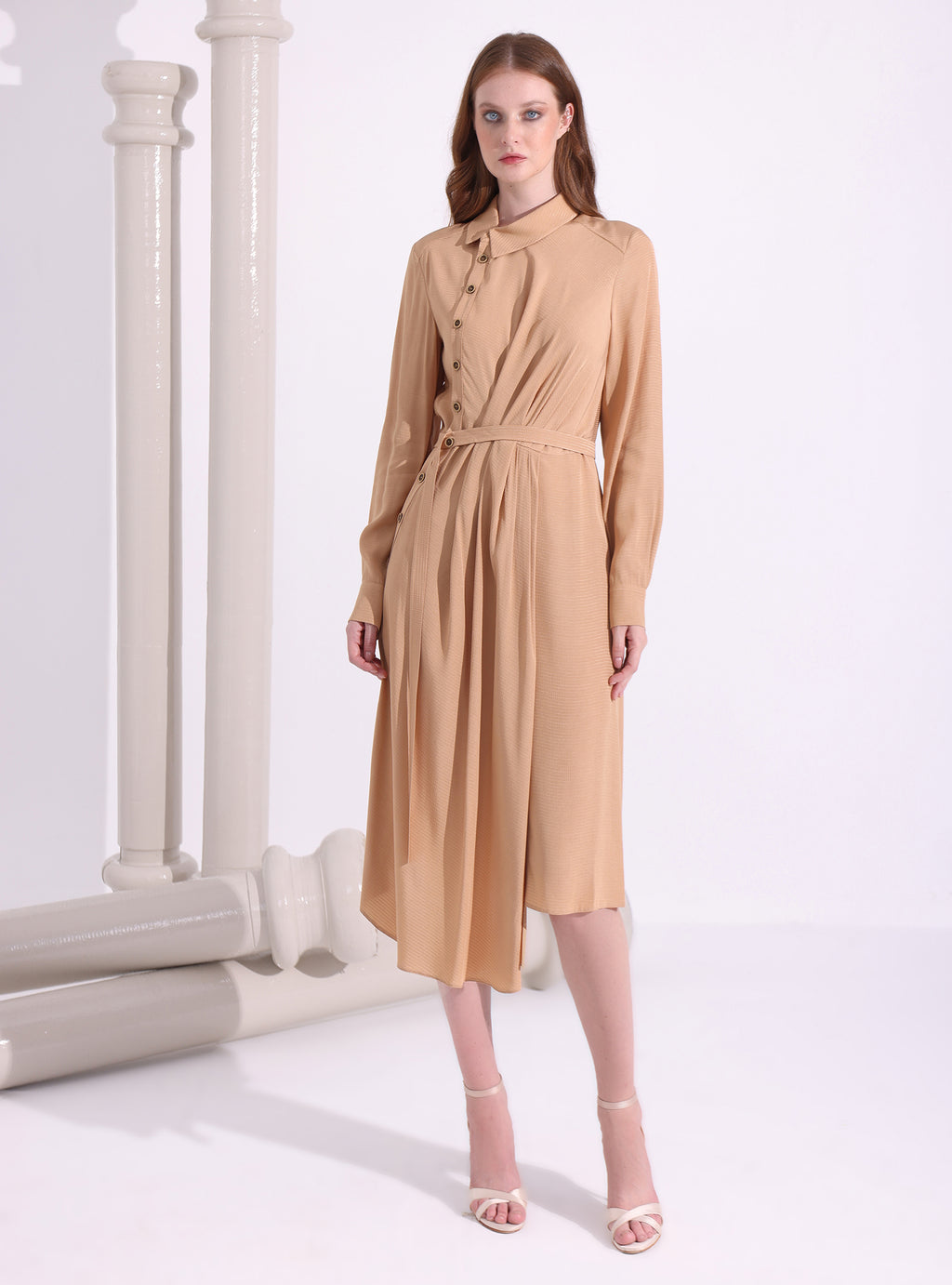 Asimetrik Kemerli Midi Elbise 