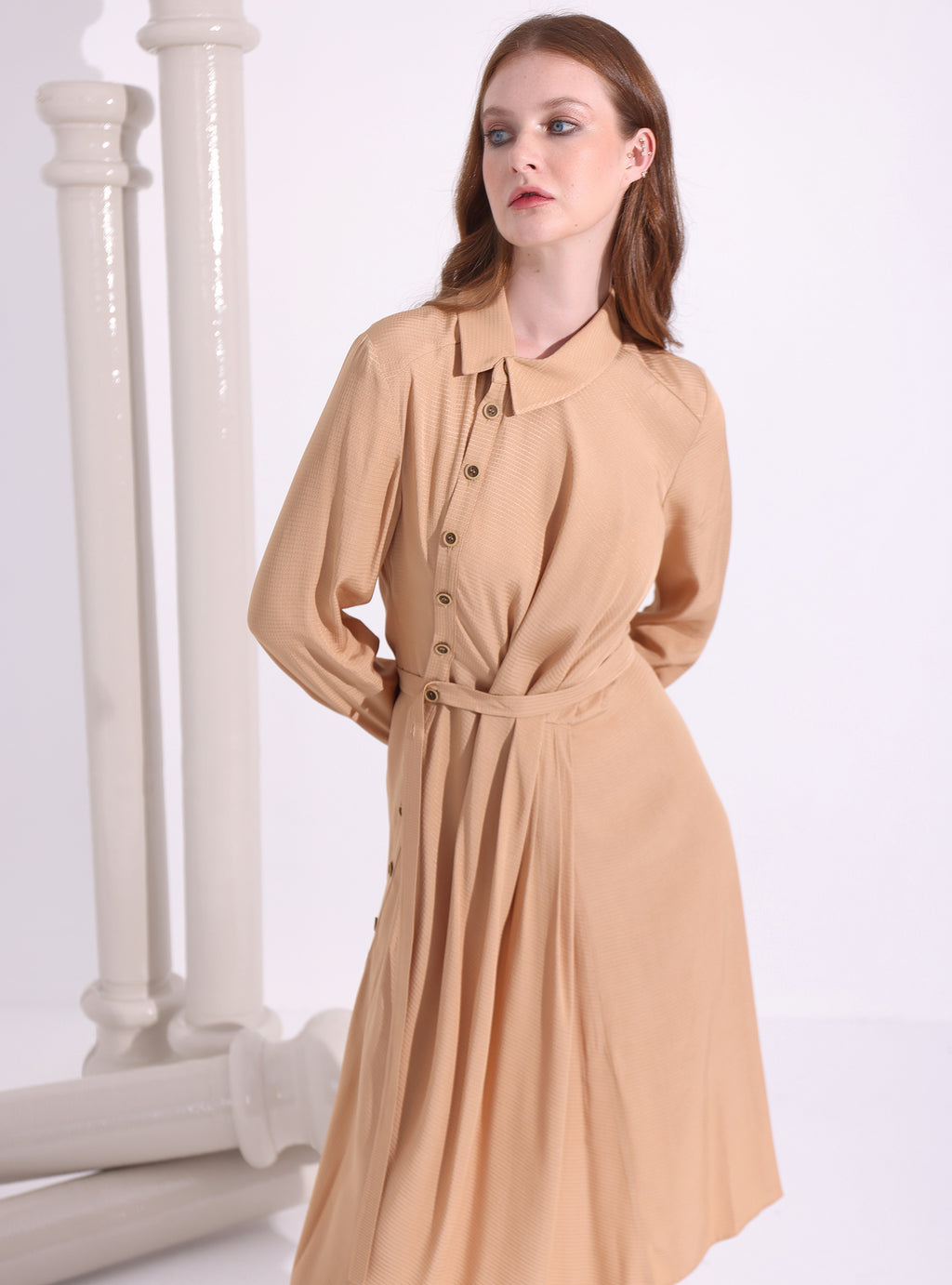 Asimetrik Kemerli Midi Elbise 