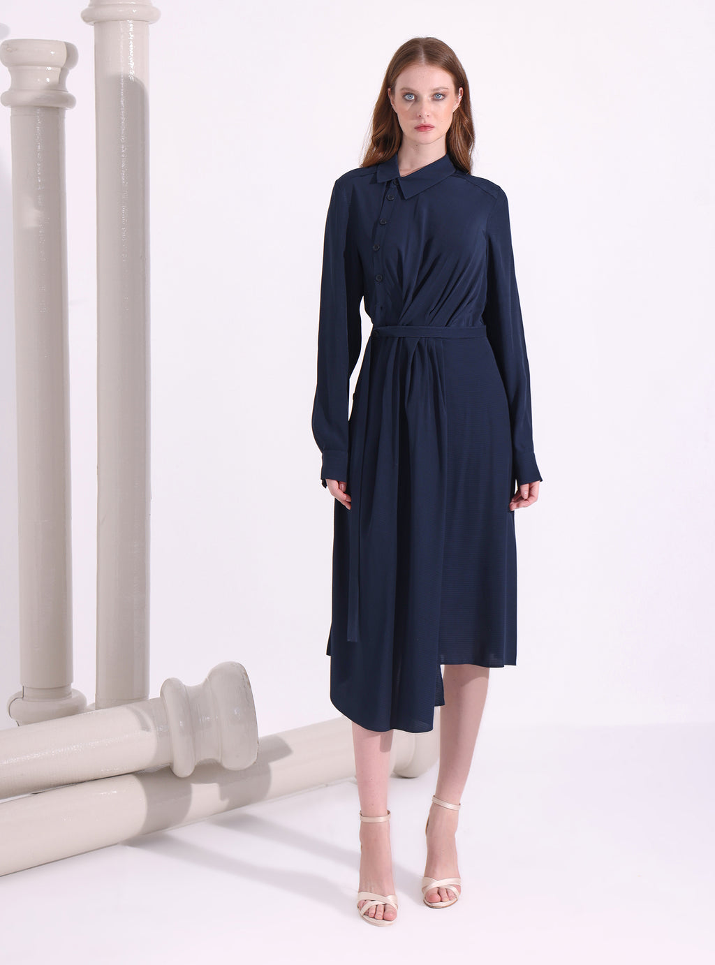 Navy Asymmetrical Belted Midi Dress - Store WF