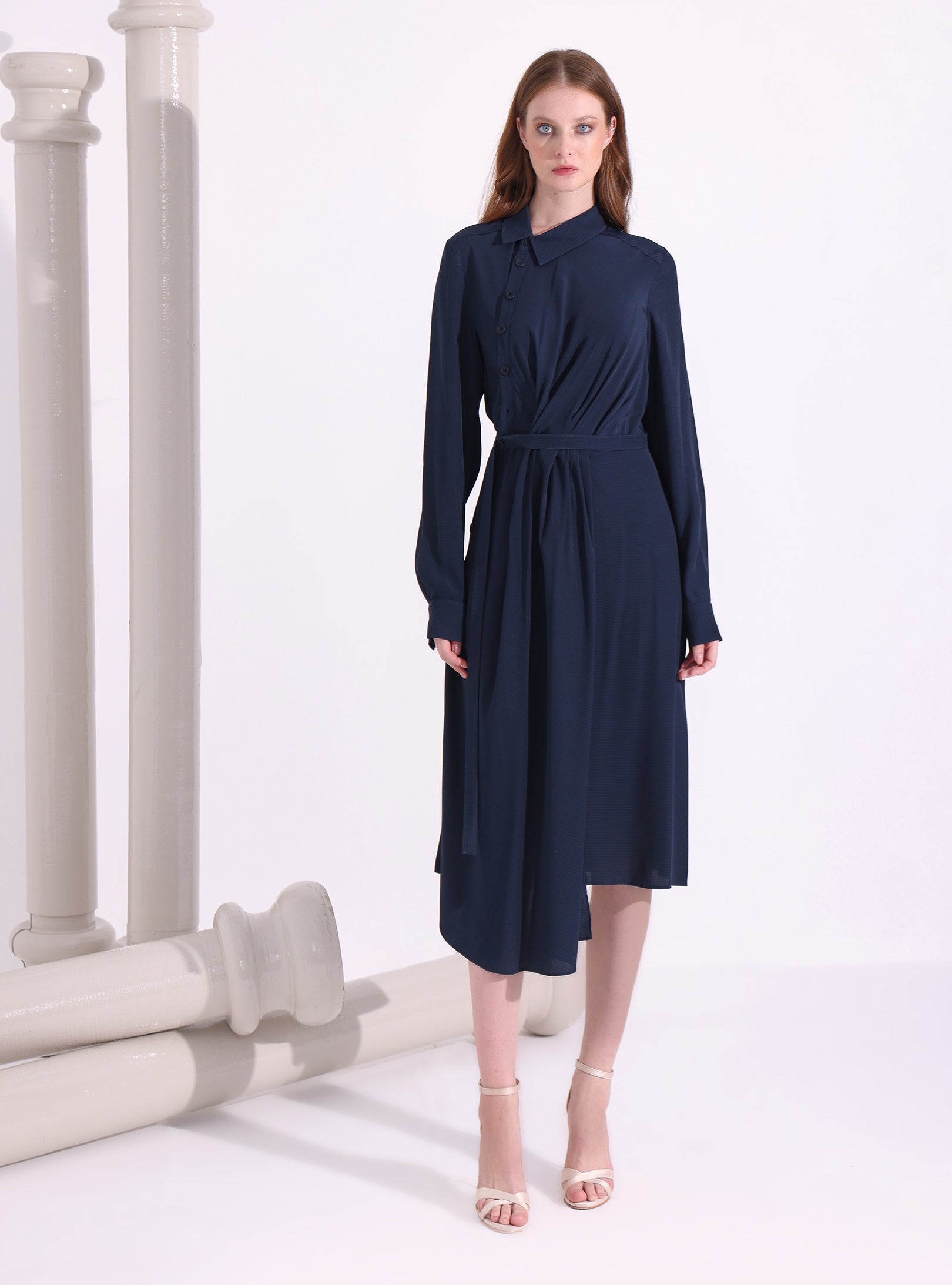 Navy Asymmetrical Belted Midi Dress - Store WF