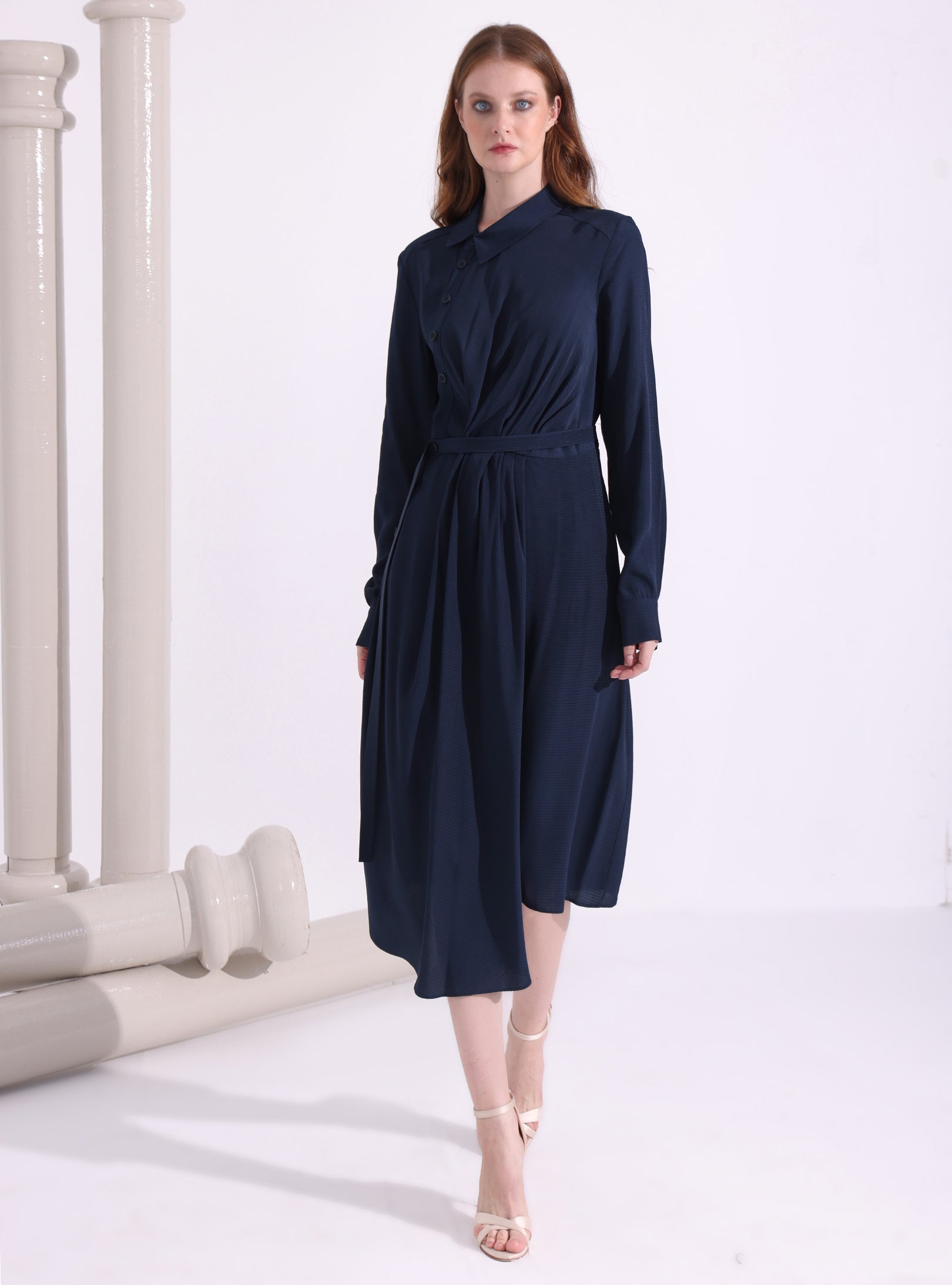 Navy Asymmetrical Belted Midi Dress - Store WF
