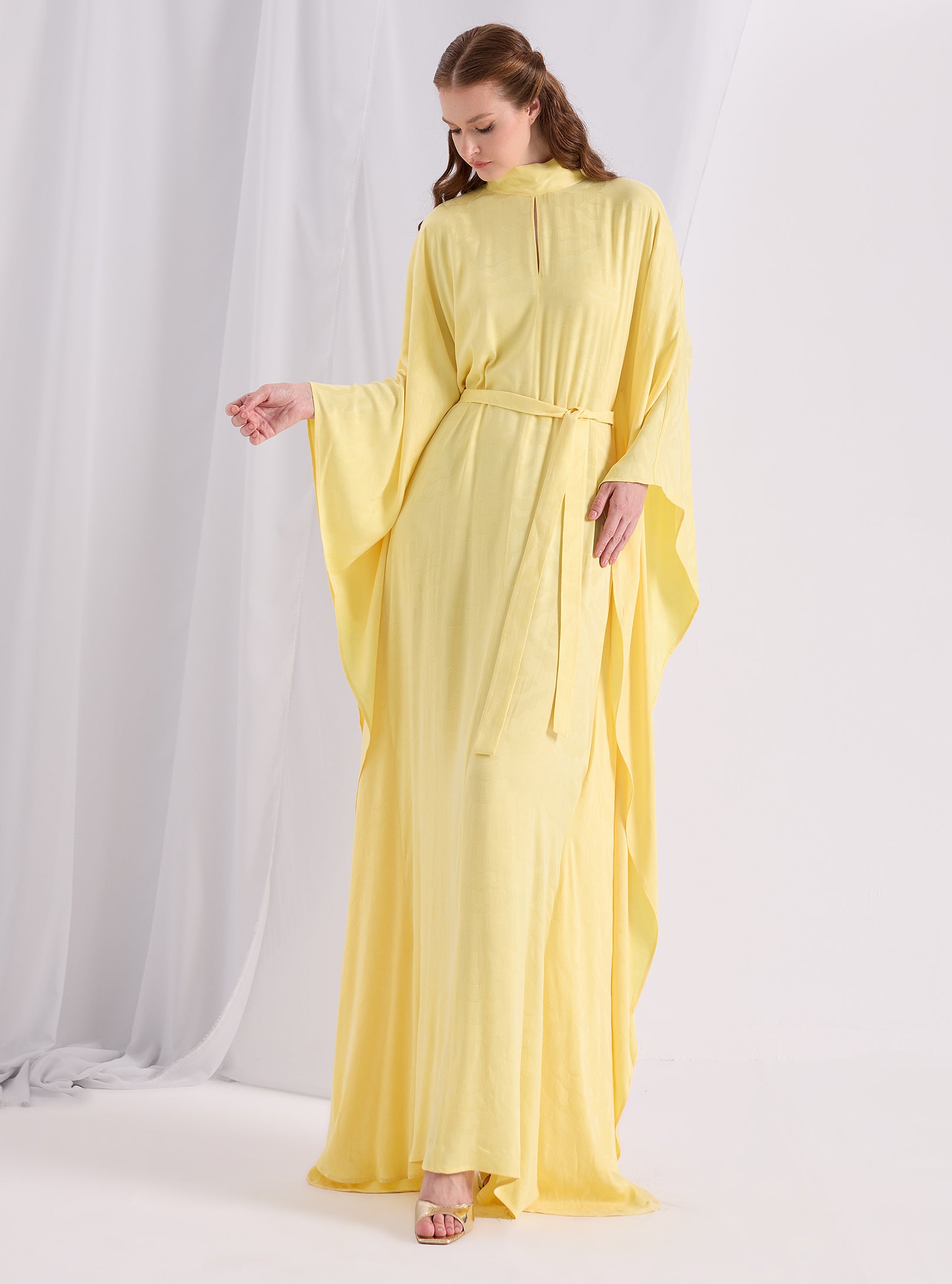 Yellow Jaquard Belted Kaftan Dress - Store WF