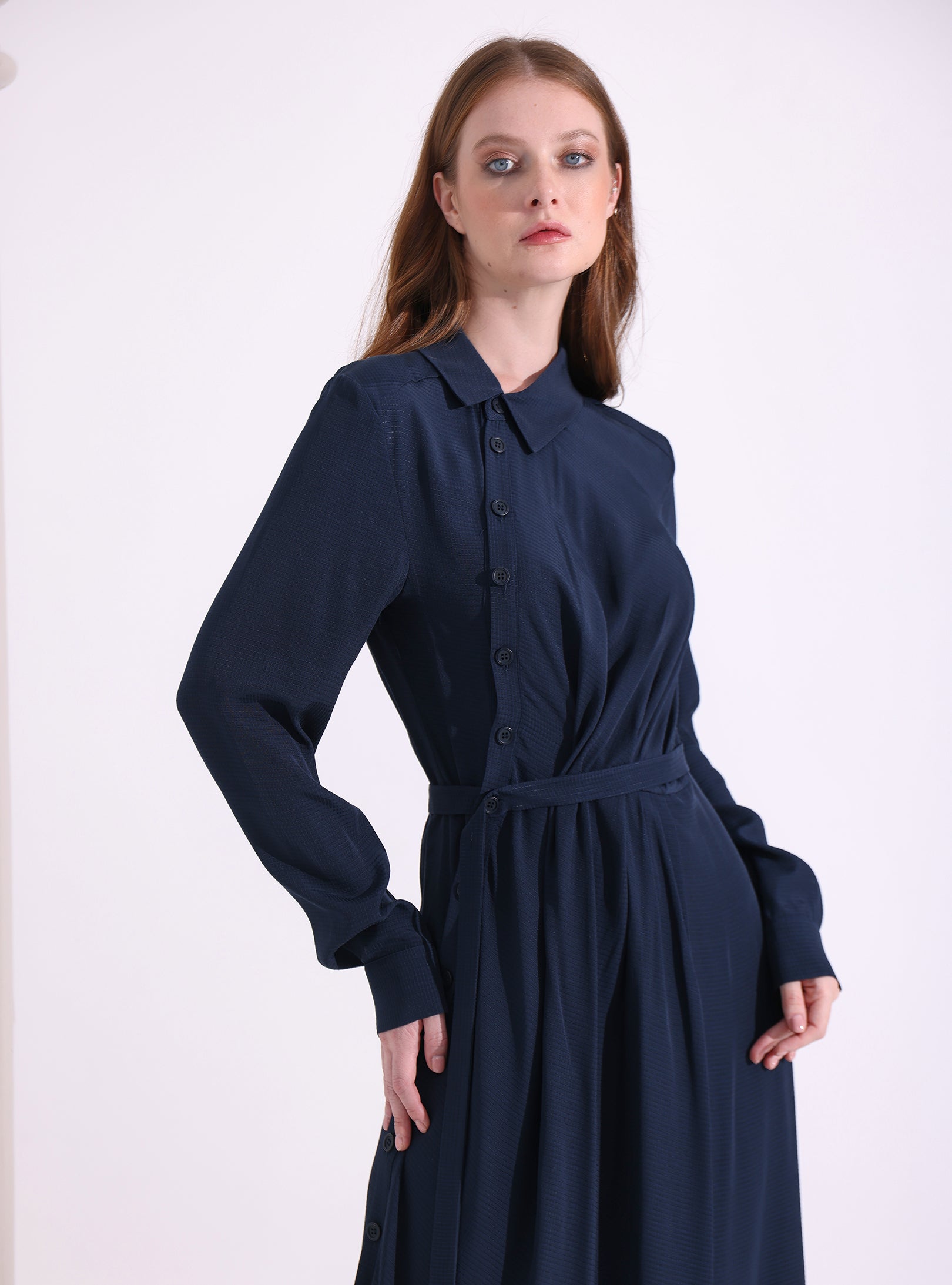 Navy Asymmetrical Belted Midi Dress - Store WF