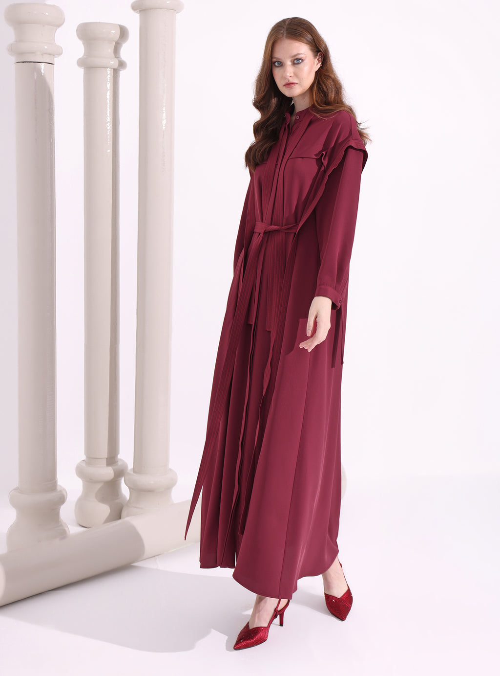 Contrast Top Stitch Burgundy Maxi Dress - Store WF