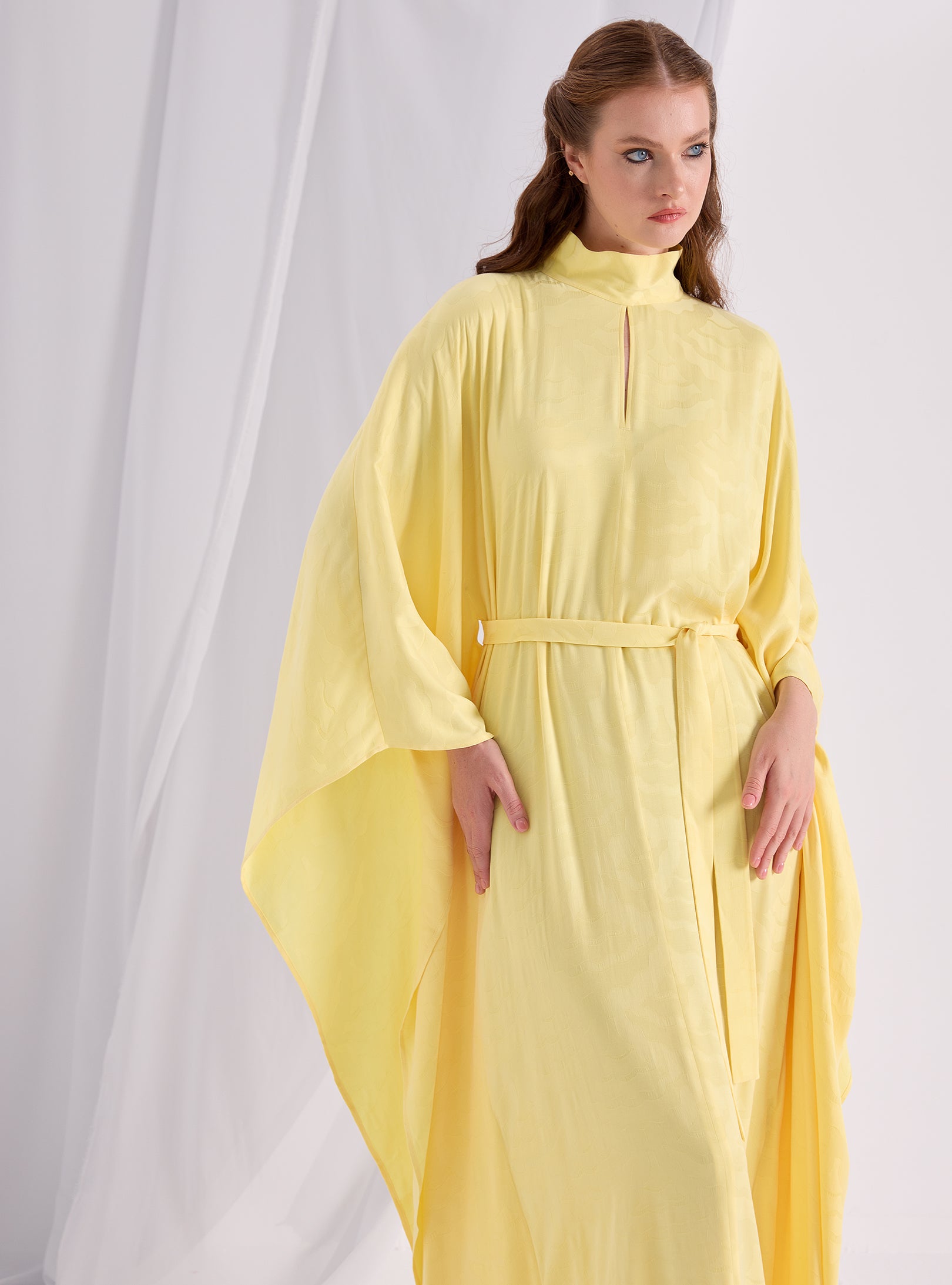 Yellow Jaquard Belted Kaftan Dress - Store WF