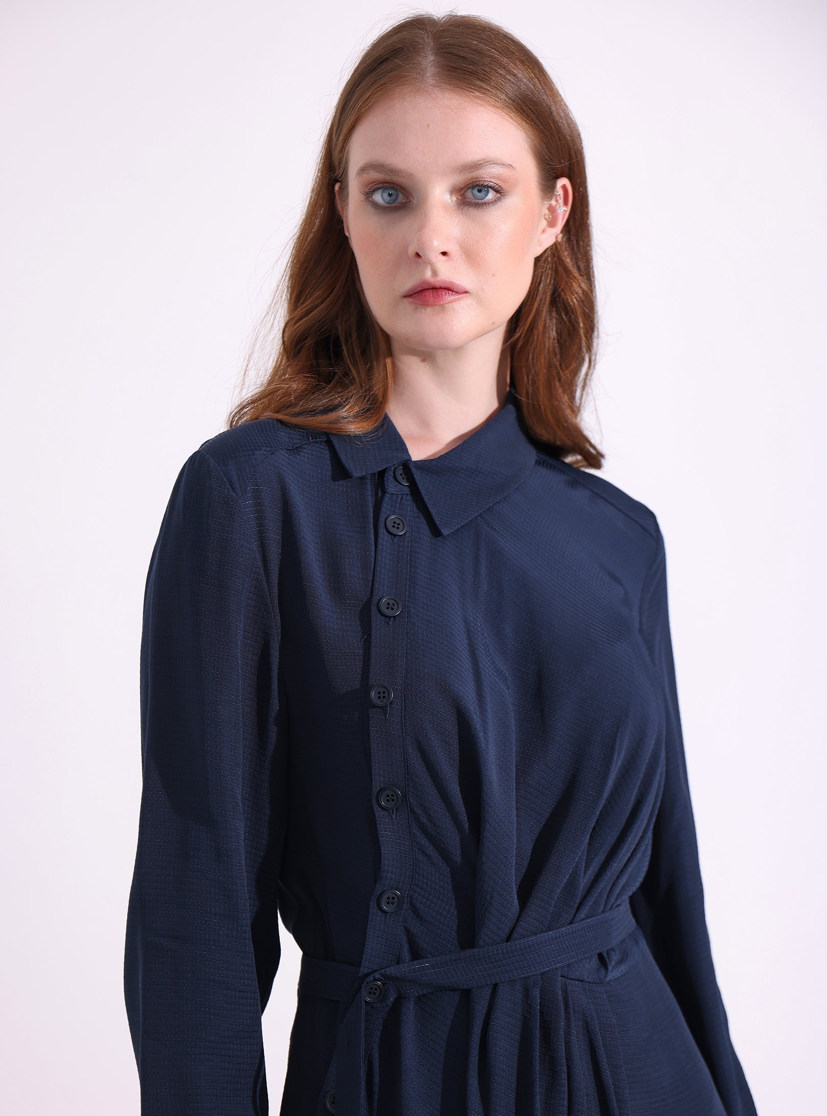 Lacivert Asimetrik Kemerli Midi Elbise