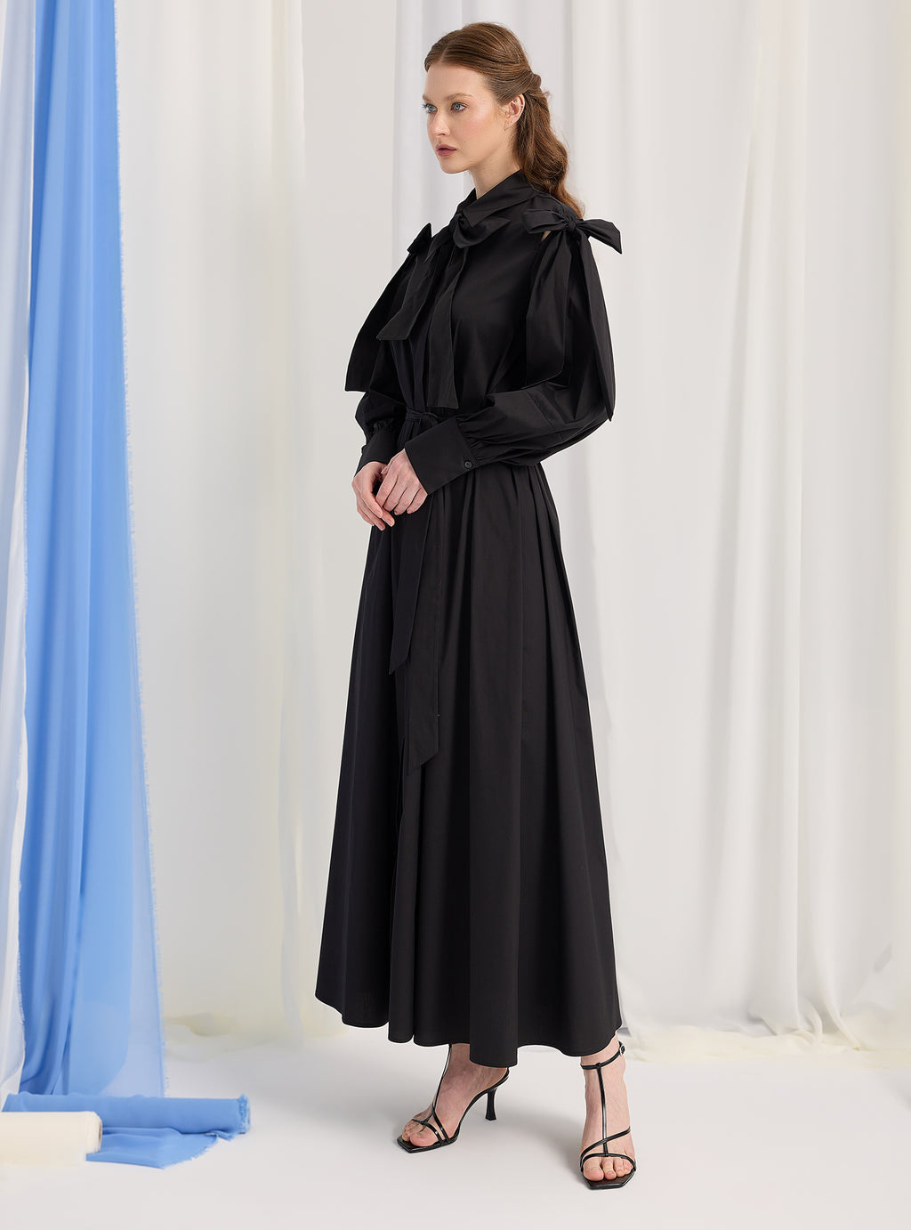 Bow Detailed Black Poplin Cotton Maxi Dress - Store WF