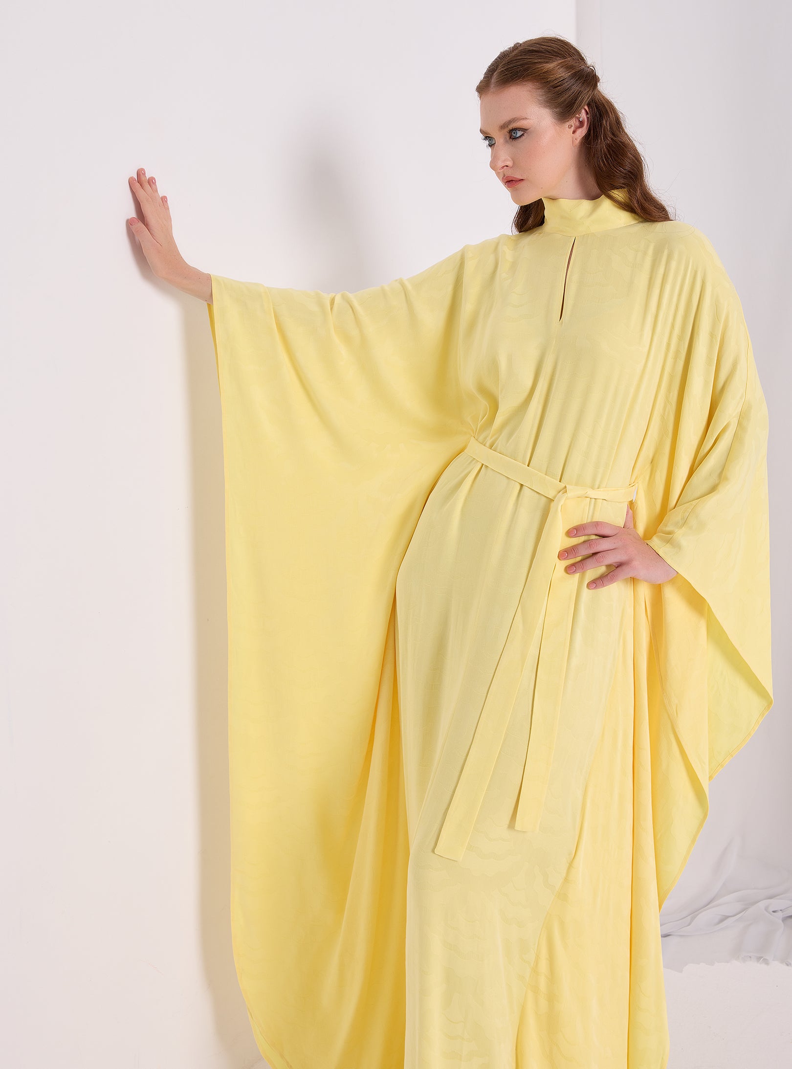 Yellow Jaquard Belted Kaftan Dress - Store WF