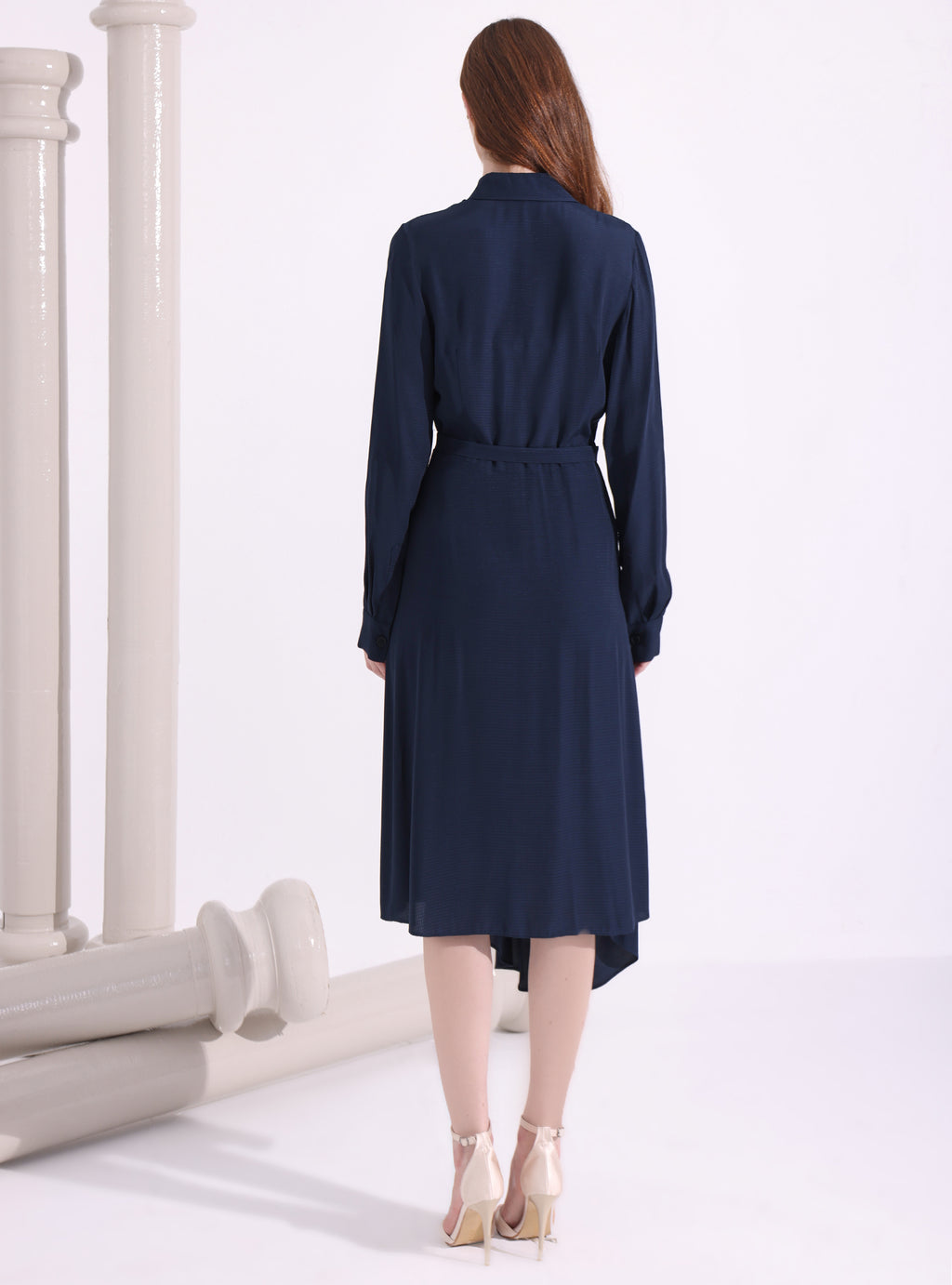 Navy Asymmetrical Belted Midi Dress - Store WF