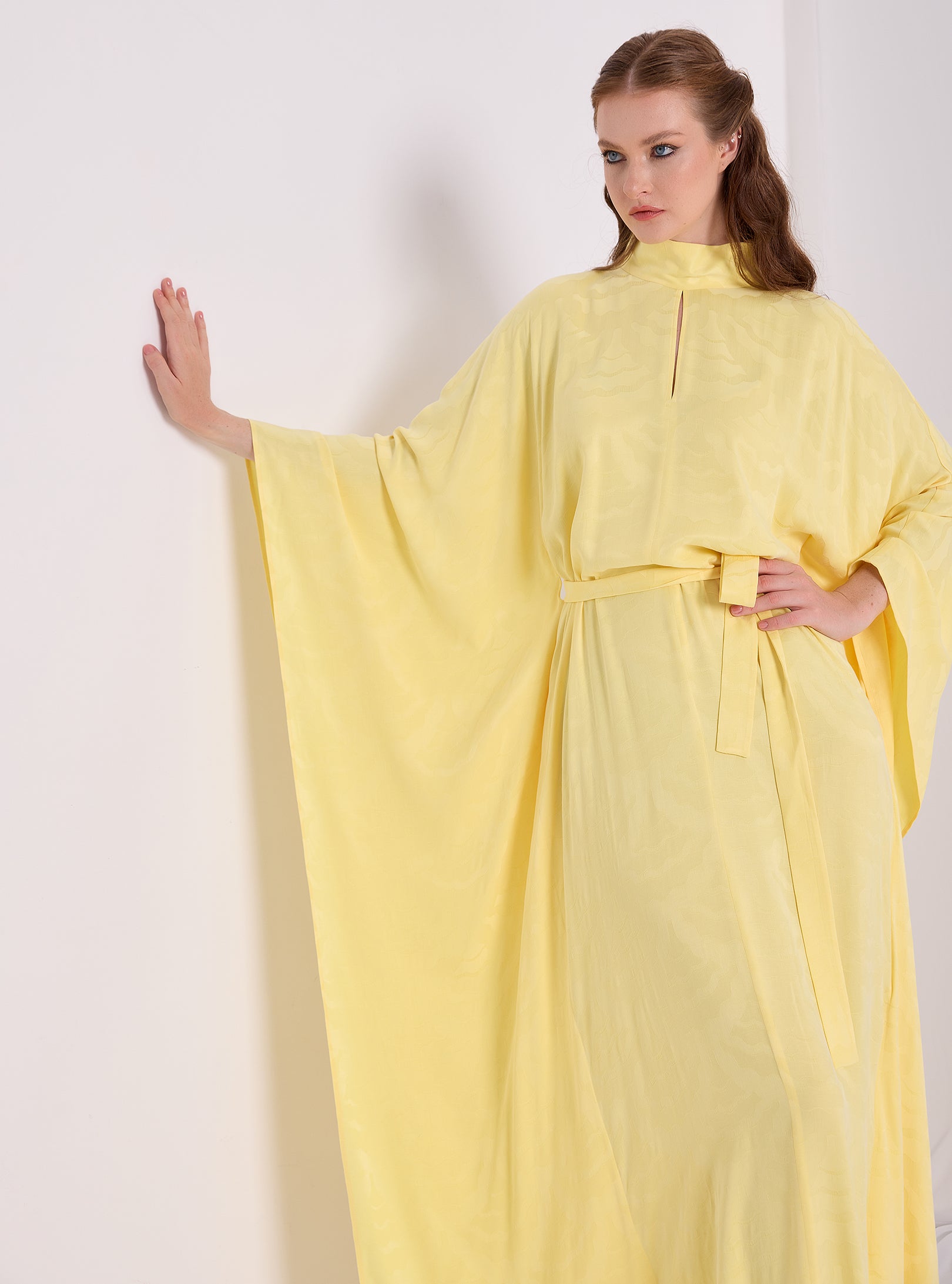 Yellow Jaquard Belted Kaftan Dress - Store WF