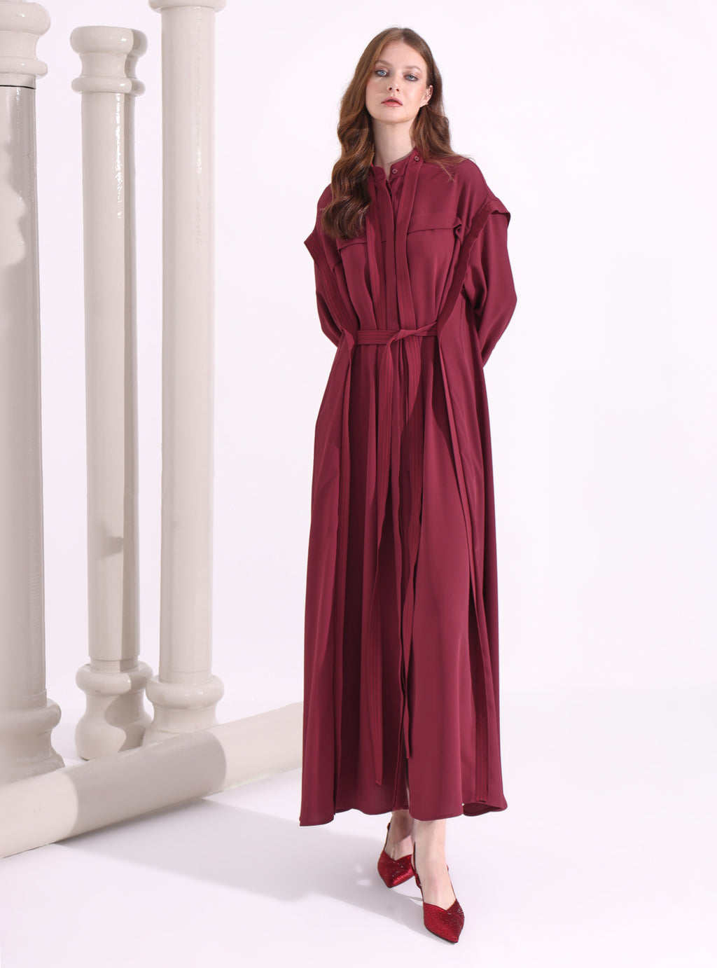 Contrast Top Stitch Burgundy Maxi Dress - Store WF