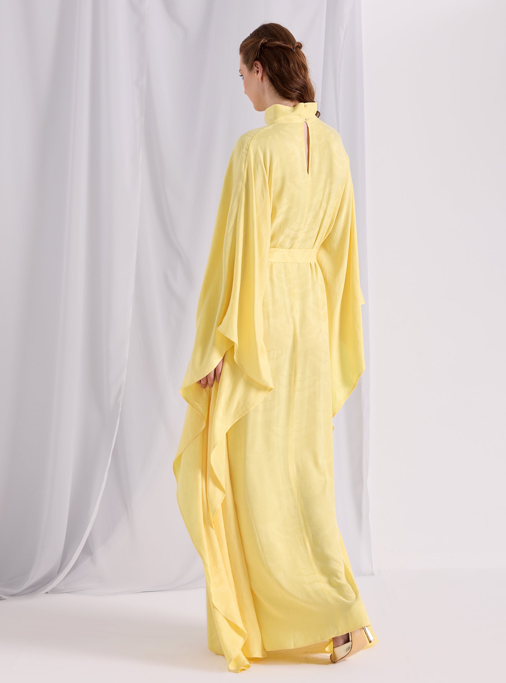 Yellow Jaquard Belted Kaftan Dress - Store WF