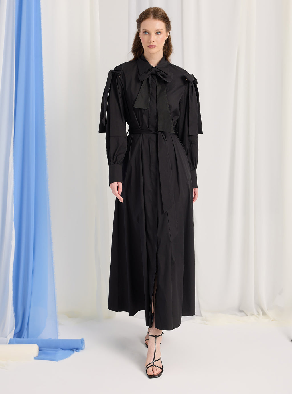 Bow Detailed Black Poplin Cotton Maxi Dress - Store WF