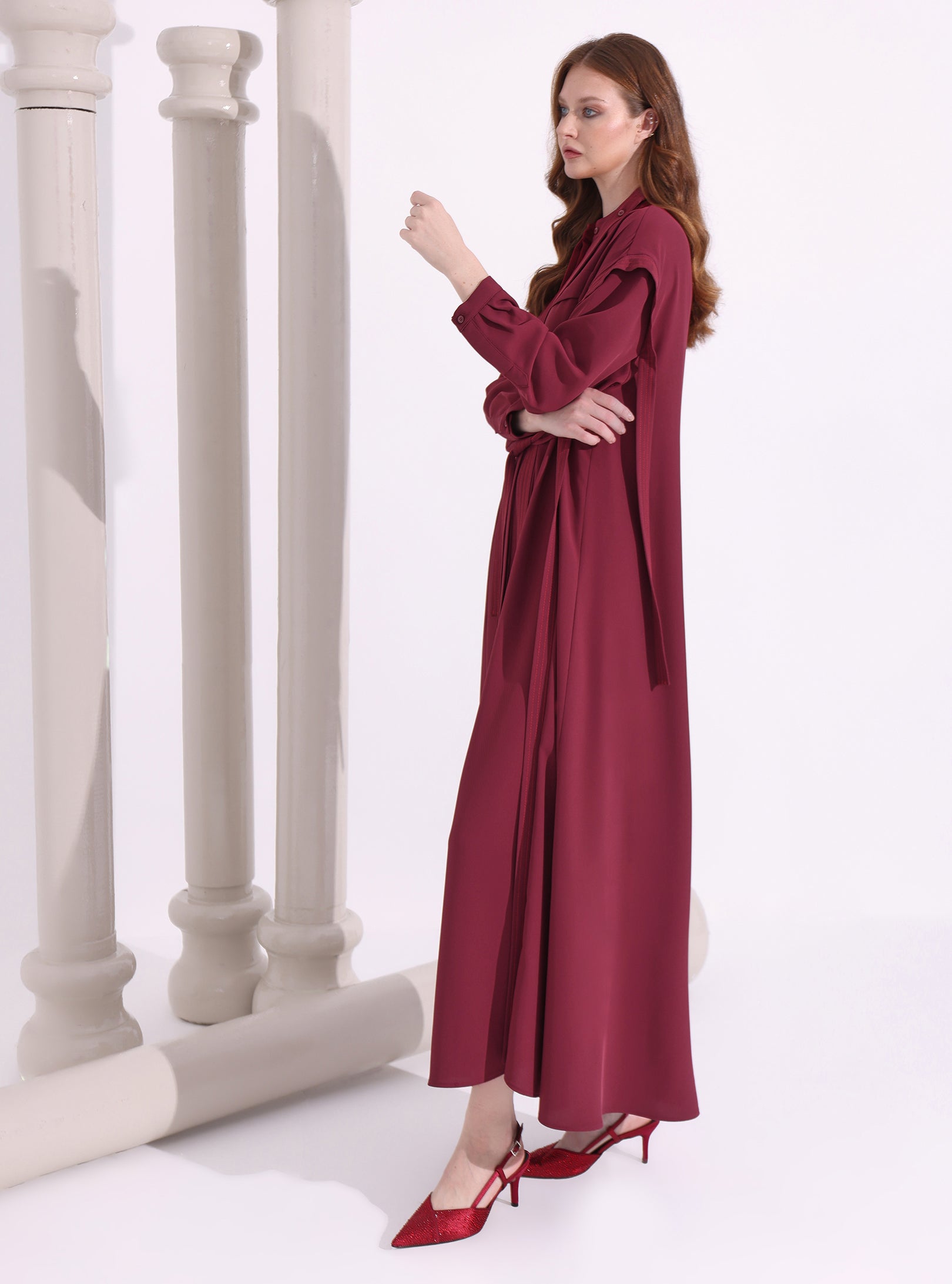 Contrast Top Stitch Burgundy Maxi Dress - Store WF