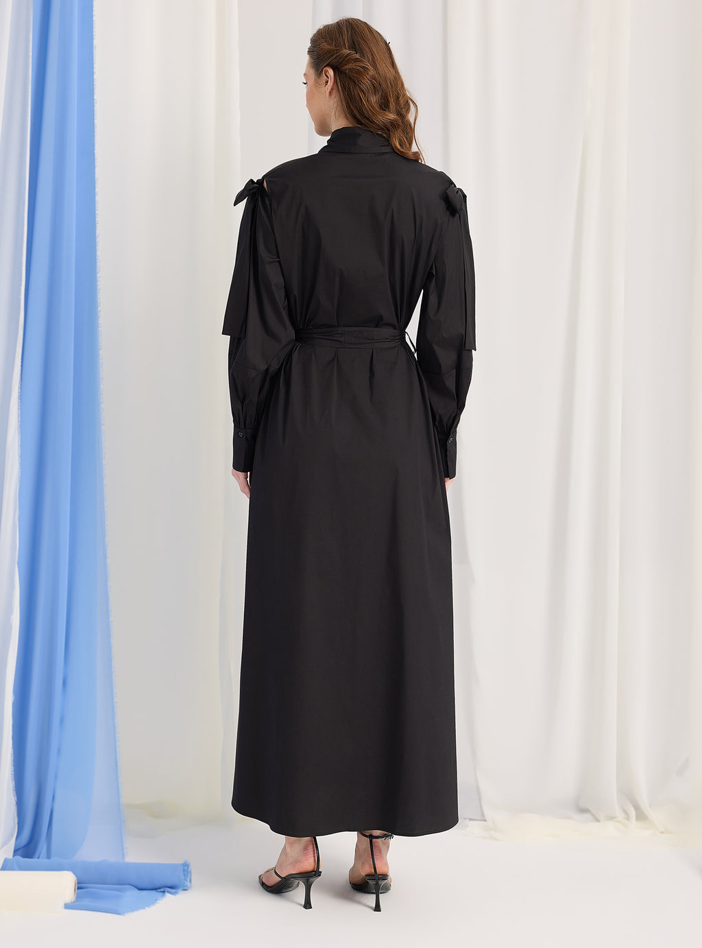 Bow Detailed Black Poplin Cotton Maxi Dress - Store WF