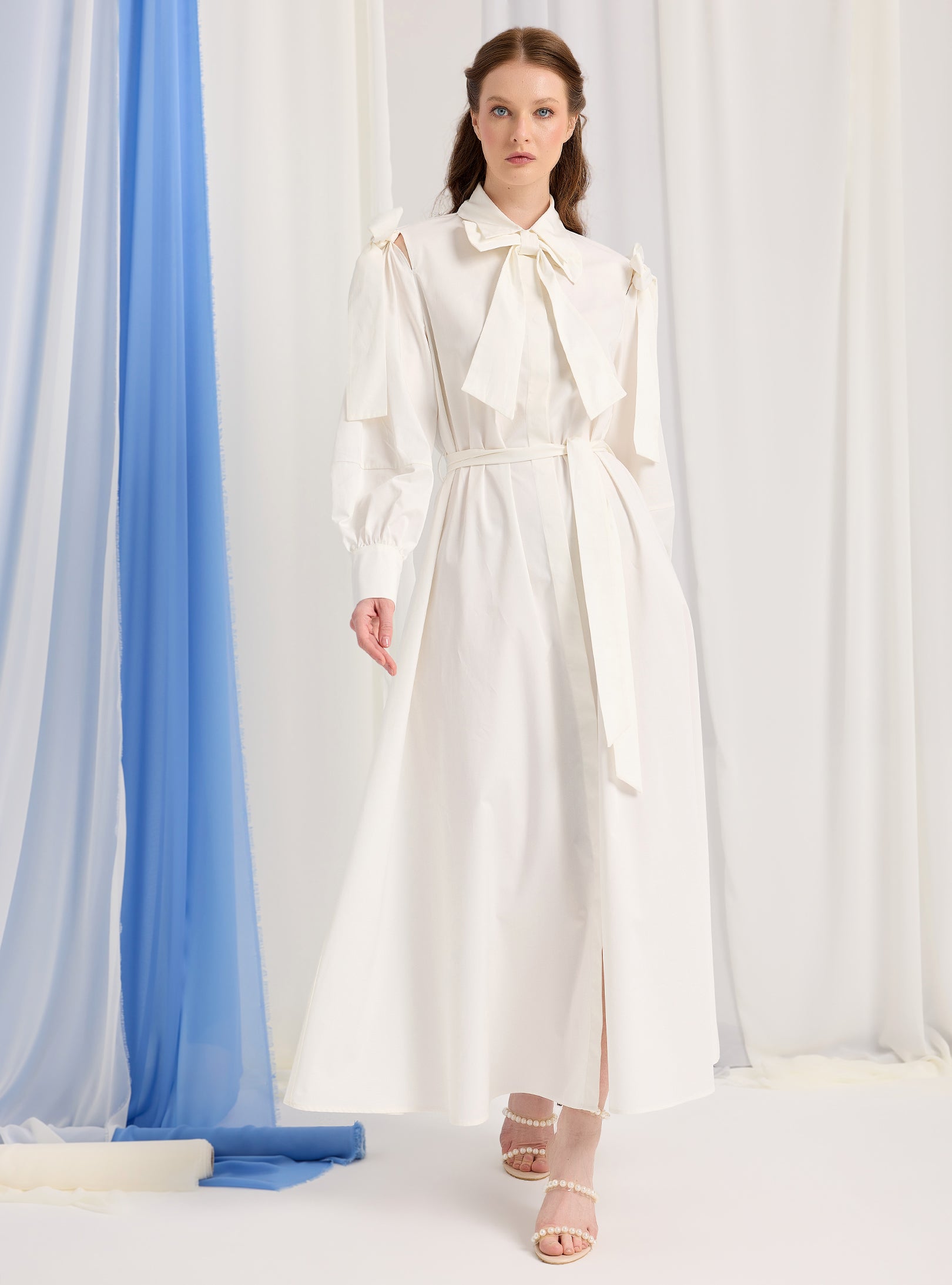 Bow Detailed White Poplin Cotton Maxi Dress - Store WF