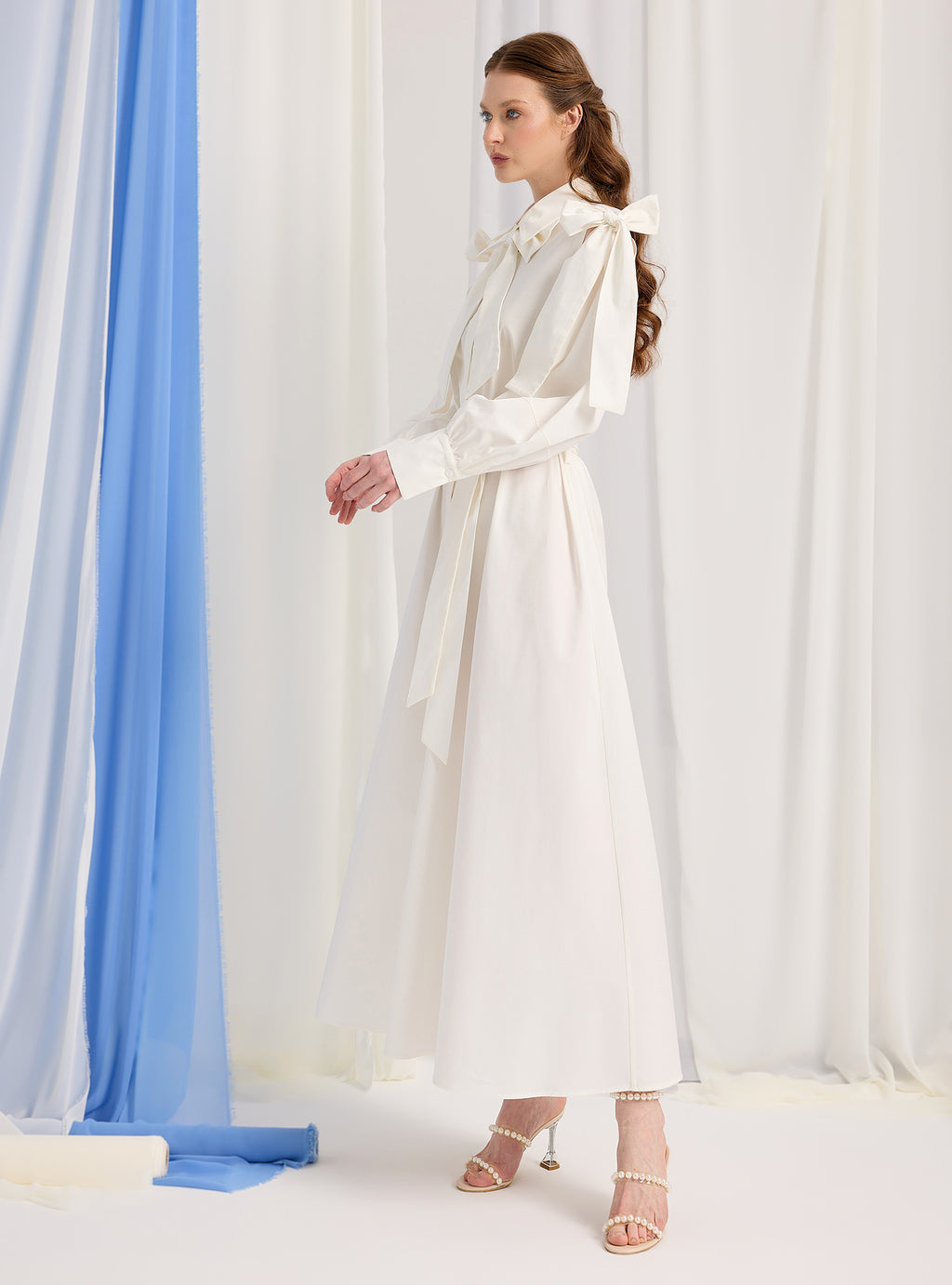 Bow Detailed White Poplin Cotton Maxi Dress - Store WF