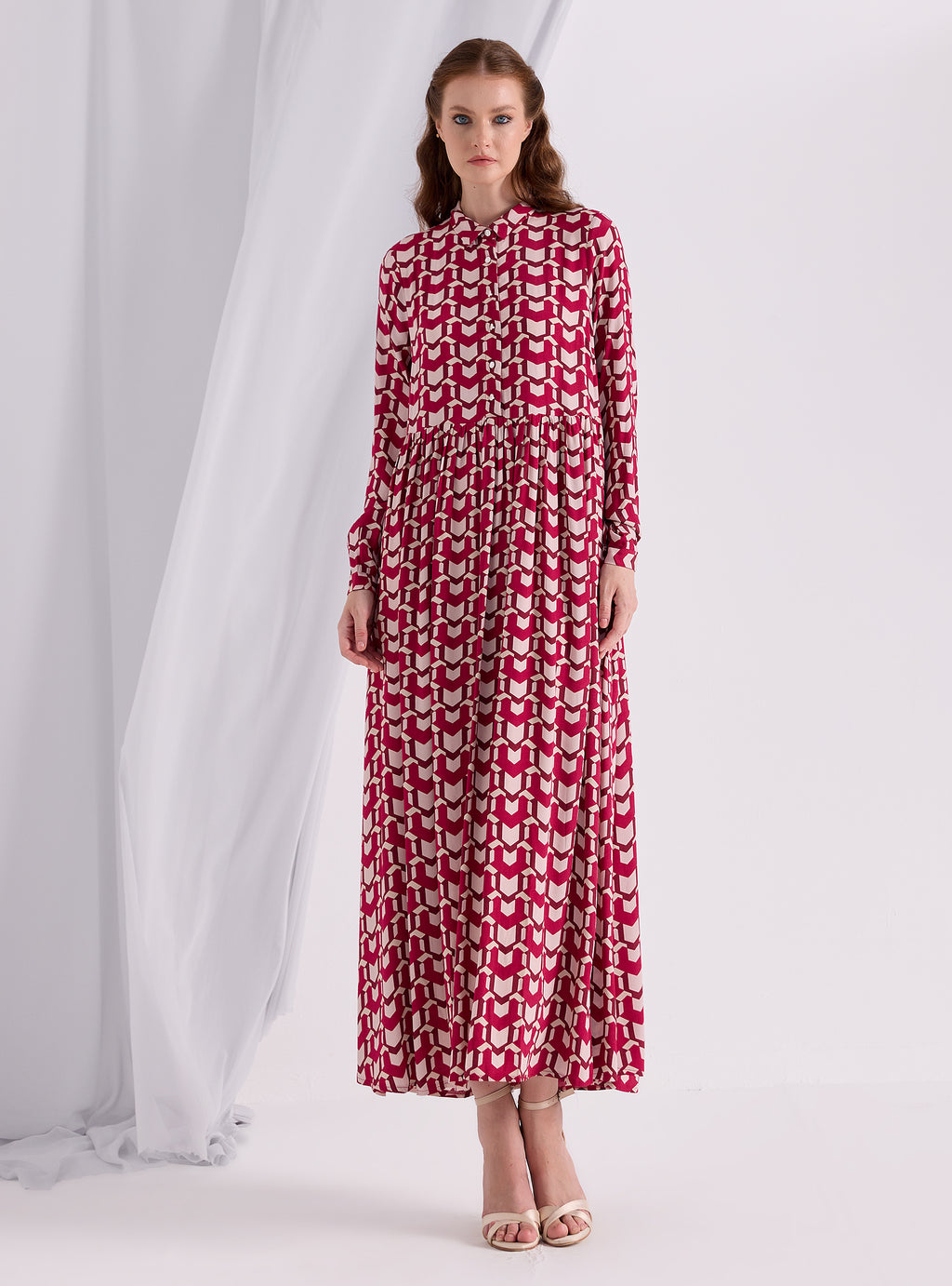 Red Printed Maxi Shirt Dress - Store WF