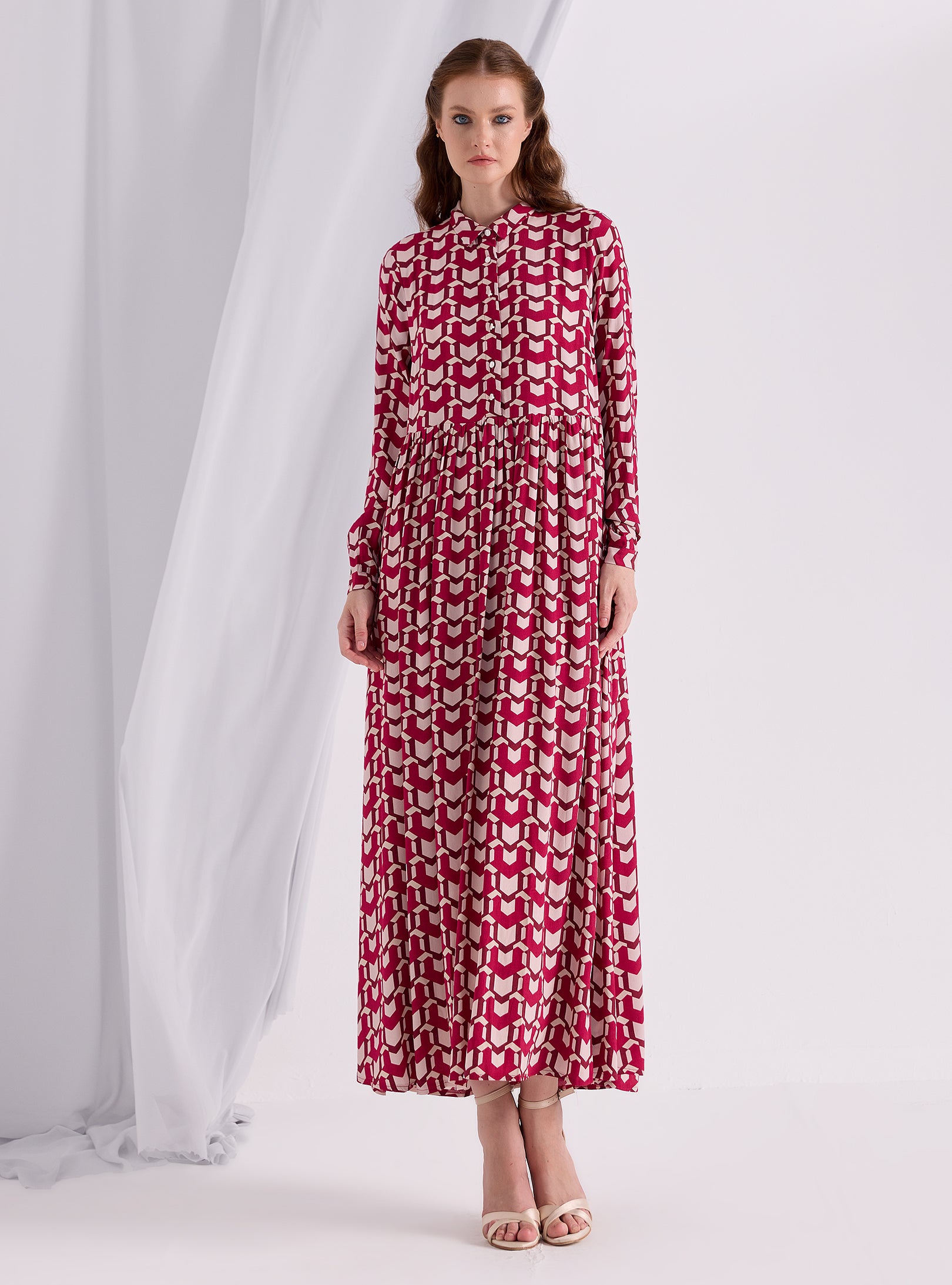 Red Printed Maxi Shirt Dress - Store WF