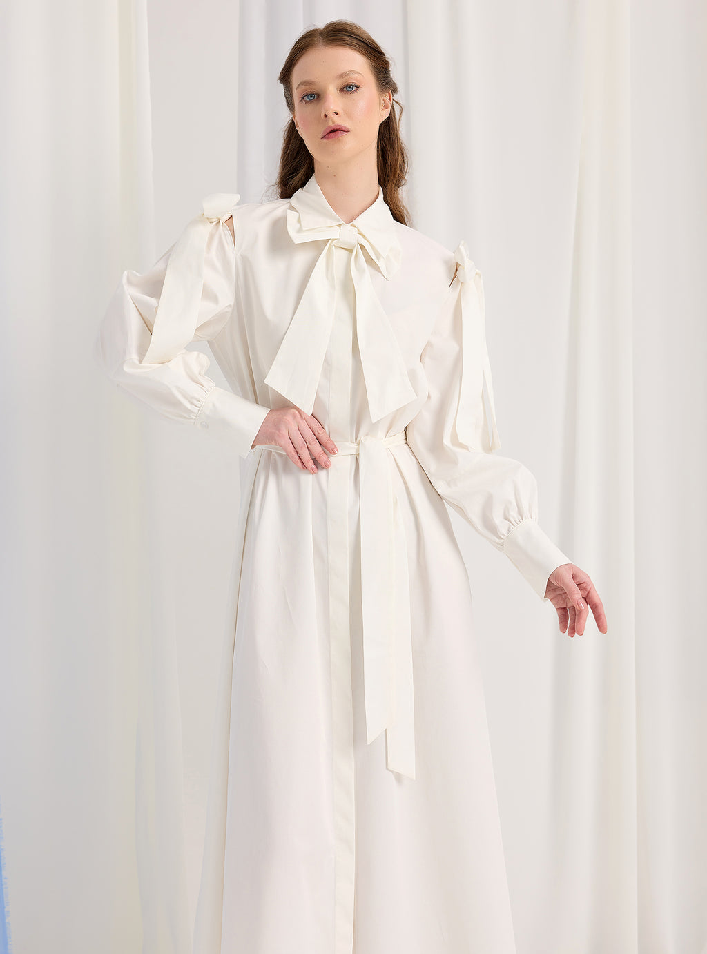 Bow Detailed White Poplin Cotton Maxi Dress - Store WF