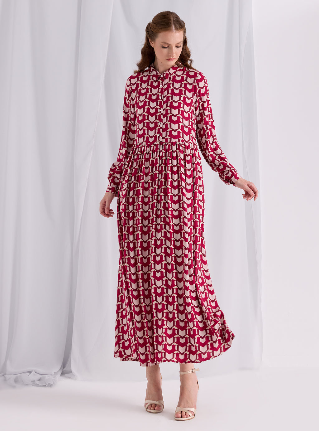 Red Printed Maxi Shirt Dress - Store WF