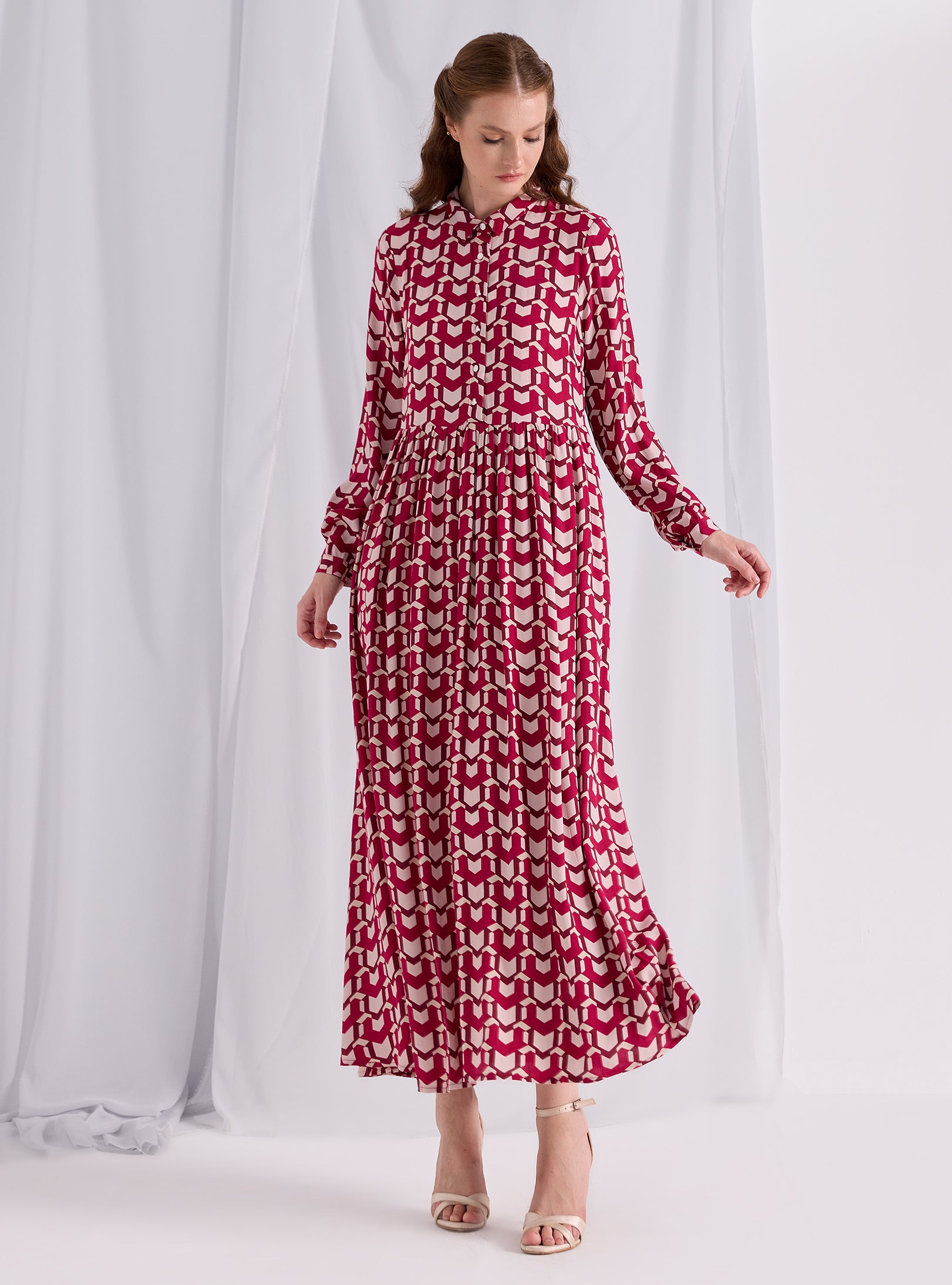 Red Printed Maxi Shirt Dress - Store WF
