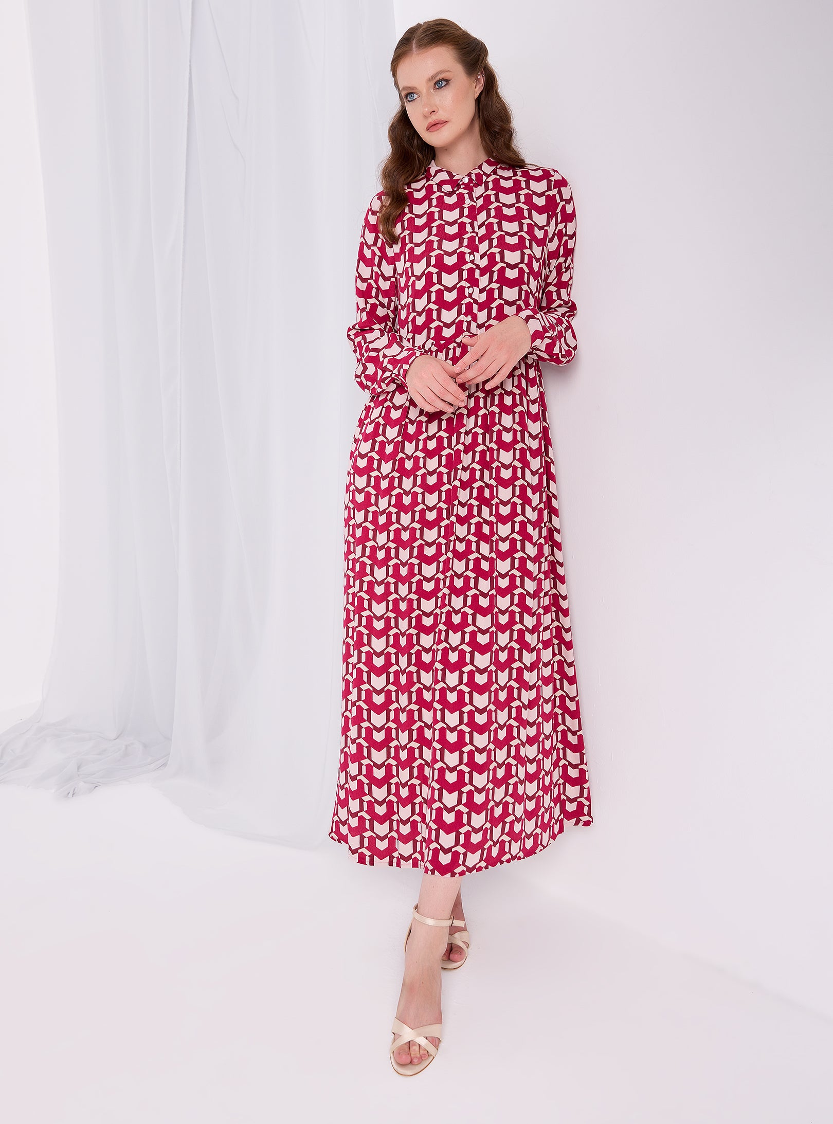 Red Printed Maxi Shirt Dress - Store WF