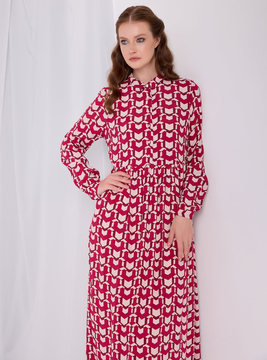 Red Printed Maxi Shirt Dress - Store WF