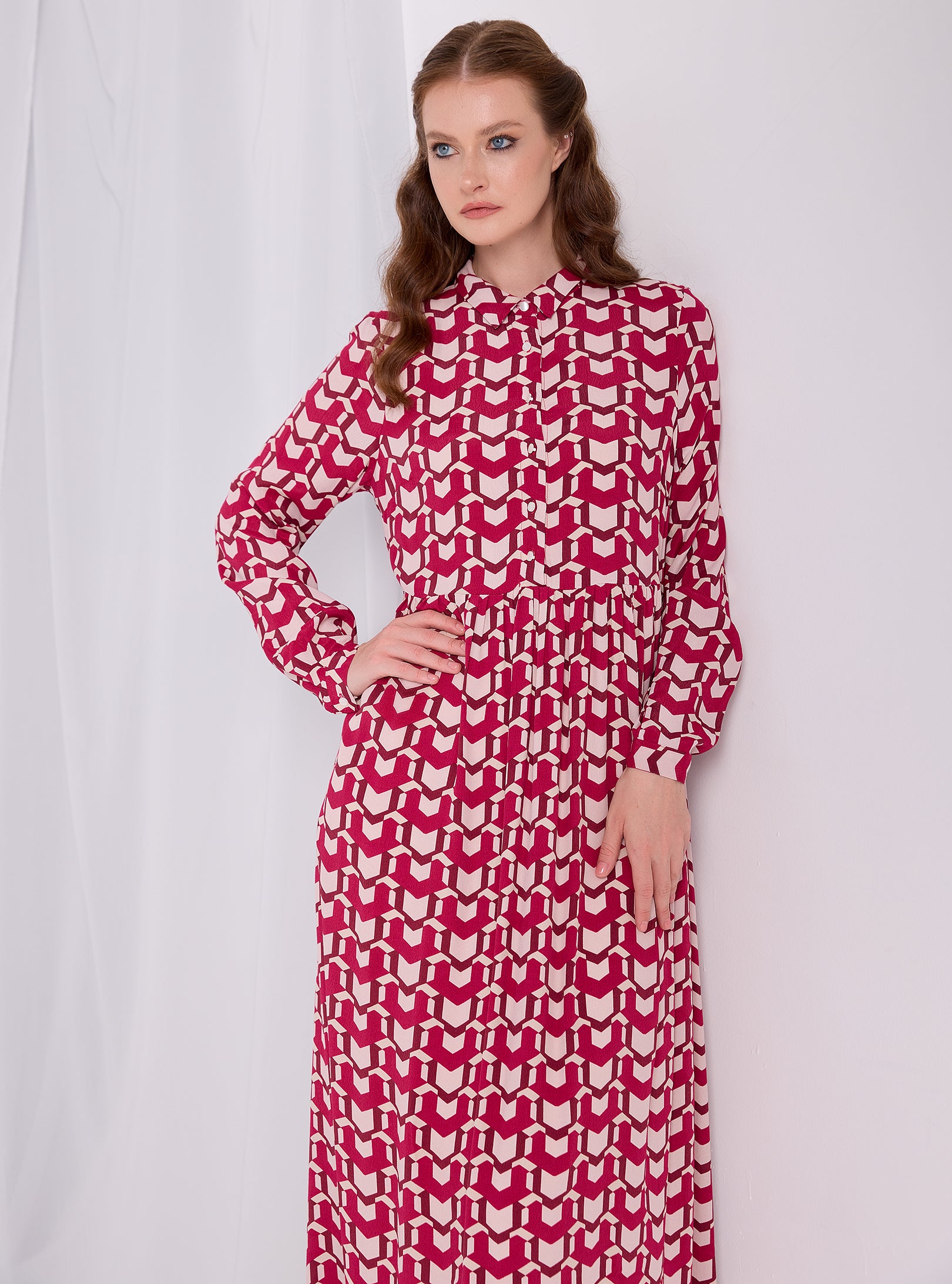 Red Printed Maxi Shirt Dress - Store WF