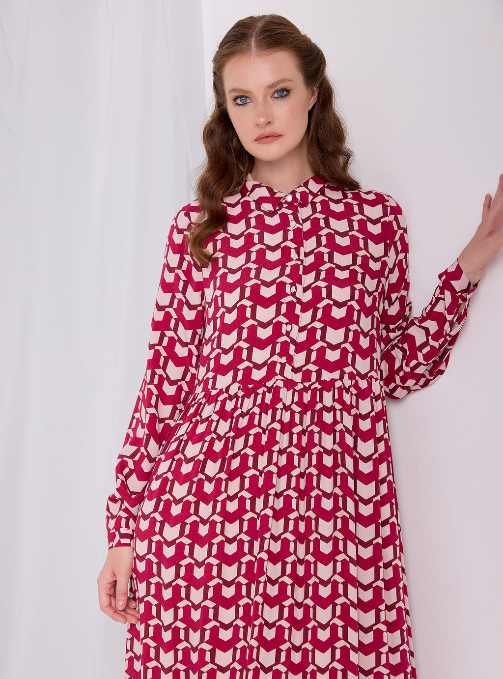 Red Printed Maxi Shirt Dress - Store WF